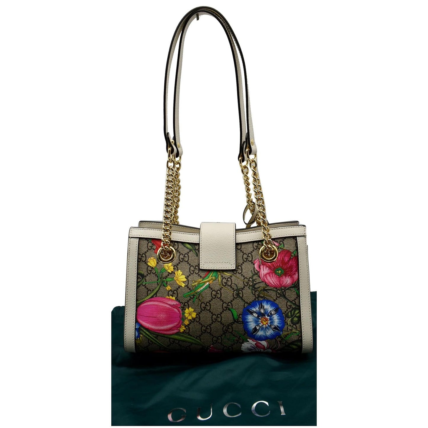 GUCCI Padlock Flora Small GG Supreme Canvas Shoulder Bag Beige 498156