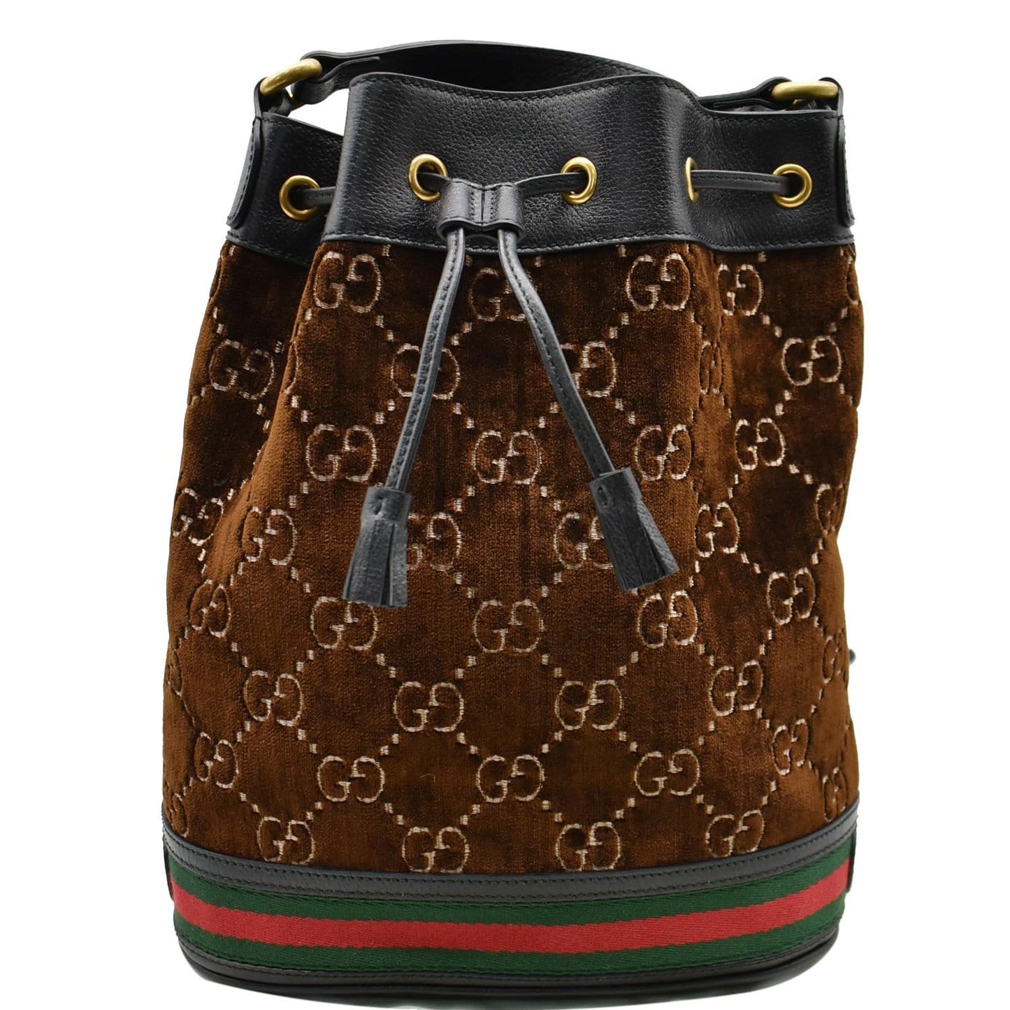 GUCCI GG Monogram Web Velvet Bucket Bag Brown 574960