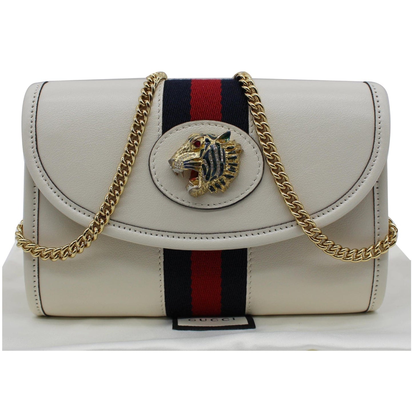 GUCCI Rajah Mini Leather Chain Shoulder Bag White 573797