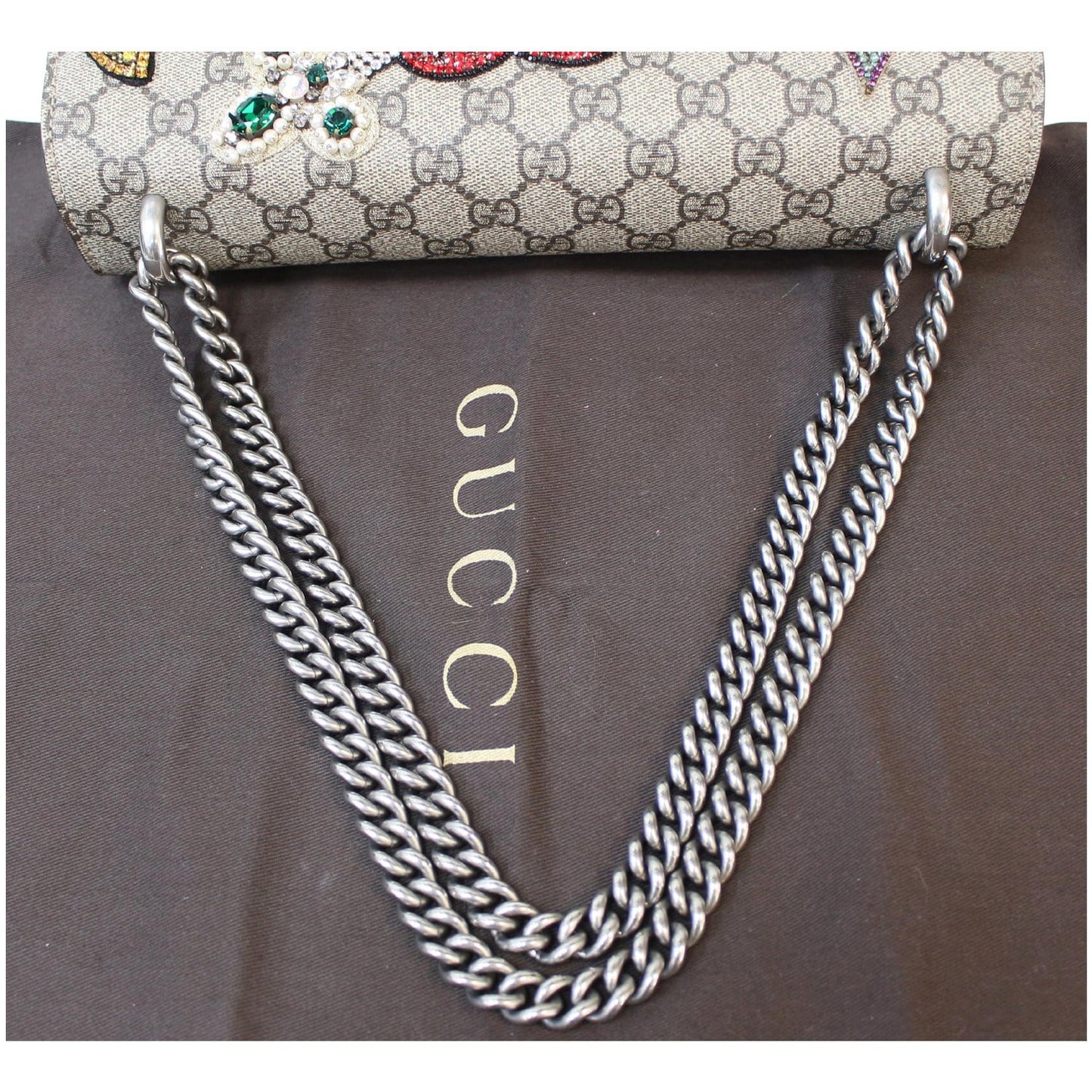 GUCCI Dionysus Embroidered Medium GG Supreme Shoulder Bag Beige