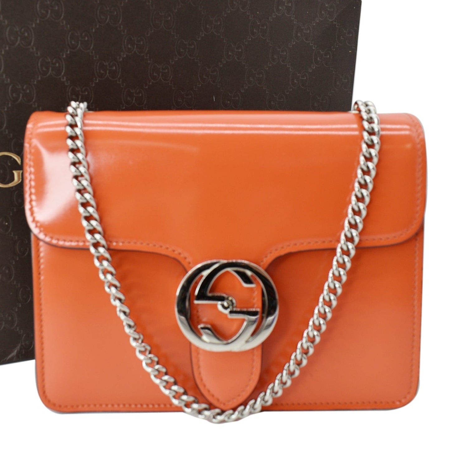 GUCCI Interlocking G Closure Leather Shoulder Bag Orange 387609