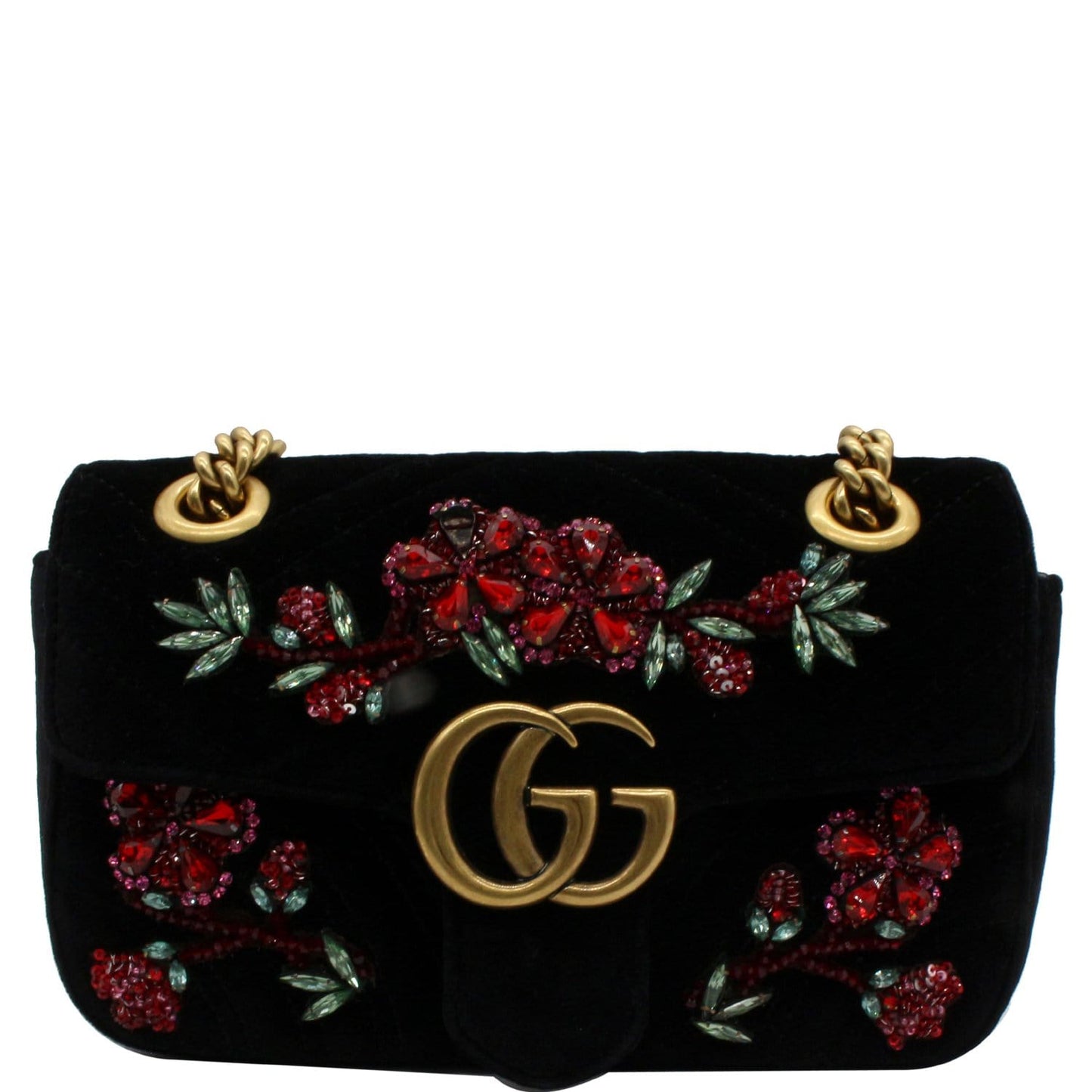 Gucci GG Marmont Floral Gems Mini Velvet Matelasse Embroidered Shoulder Bag Black