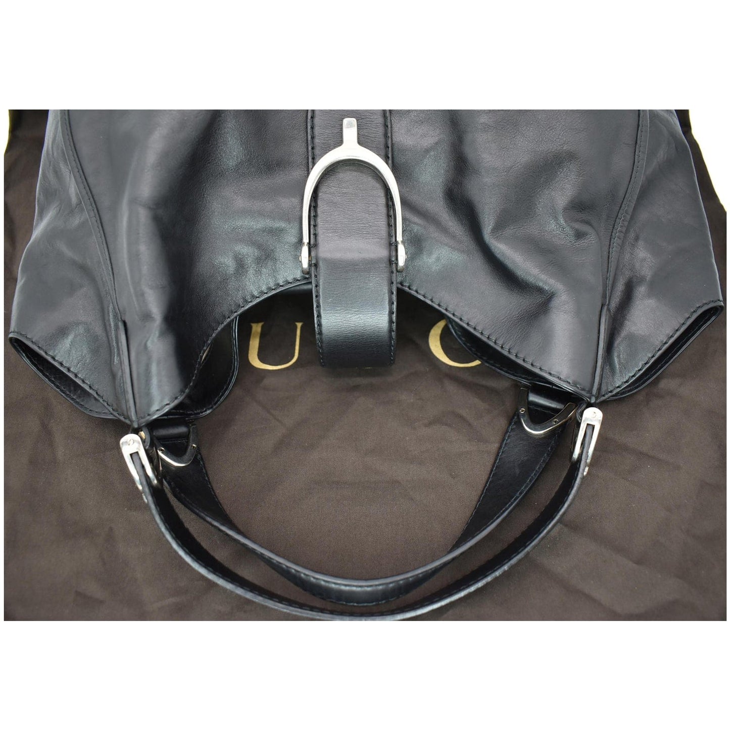 GUCCI Soft Stirrup Leather Shoulder Bag Black 296856