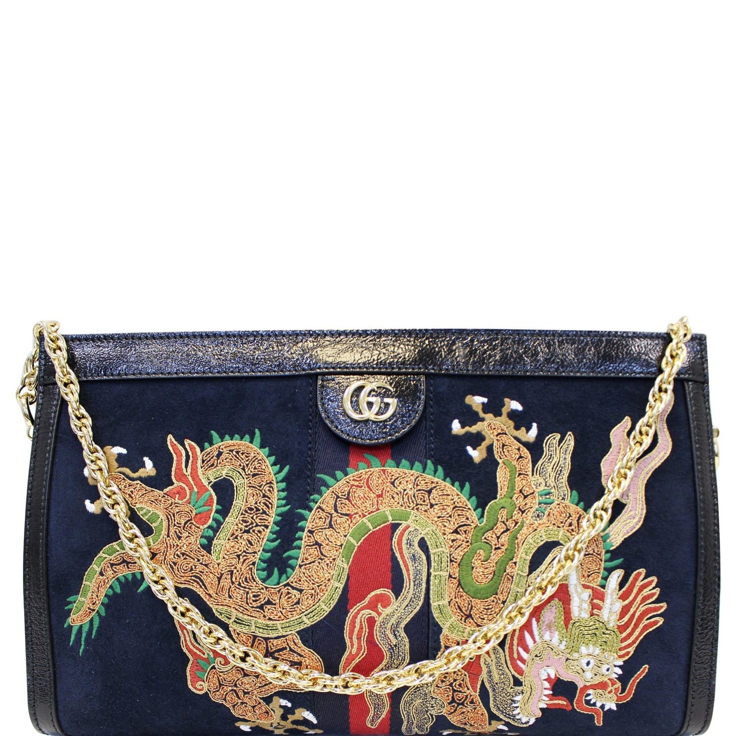GUCCI Ophidia Dragon Embroidered Suede Leather Shoulder Bag Blue