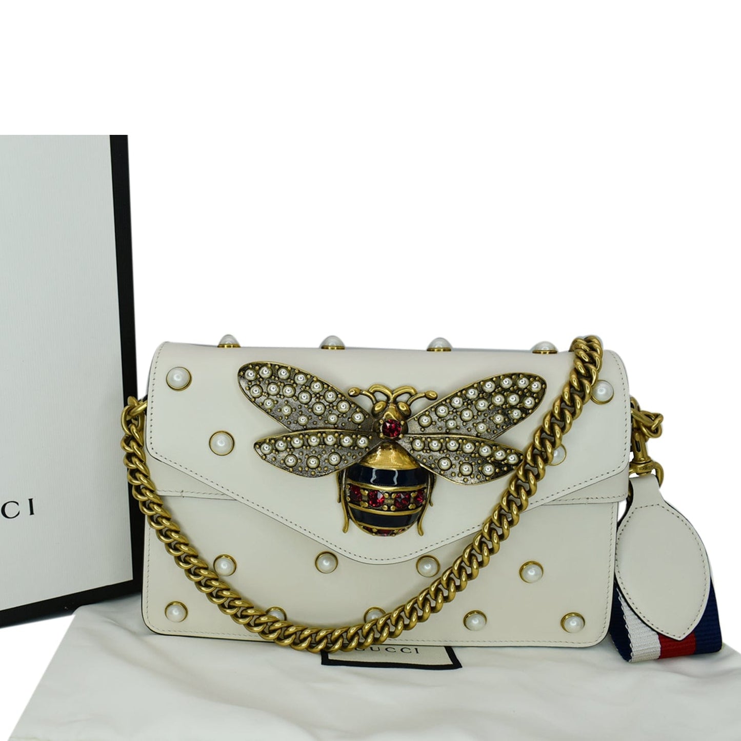 GUCCI Broadway Pearl Bee Leather Crossbody Bag White 453778