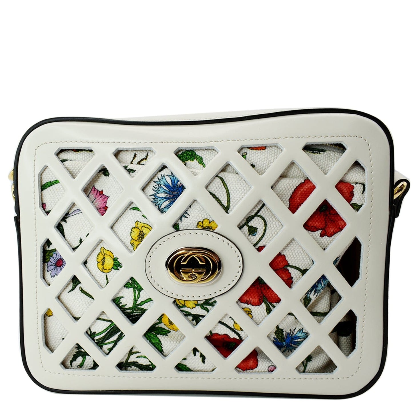 GUCCI Cutout Floral Canval Leather Shoulder Bag 550132 White