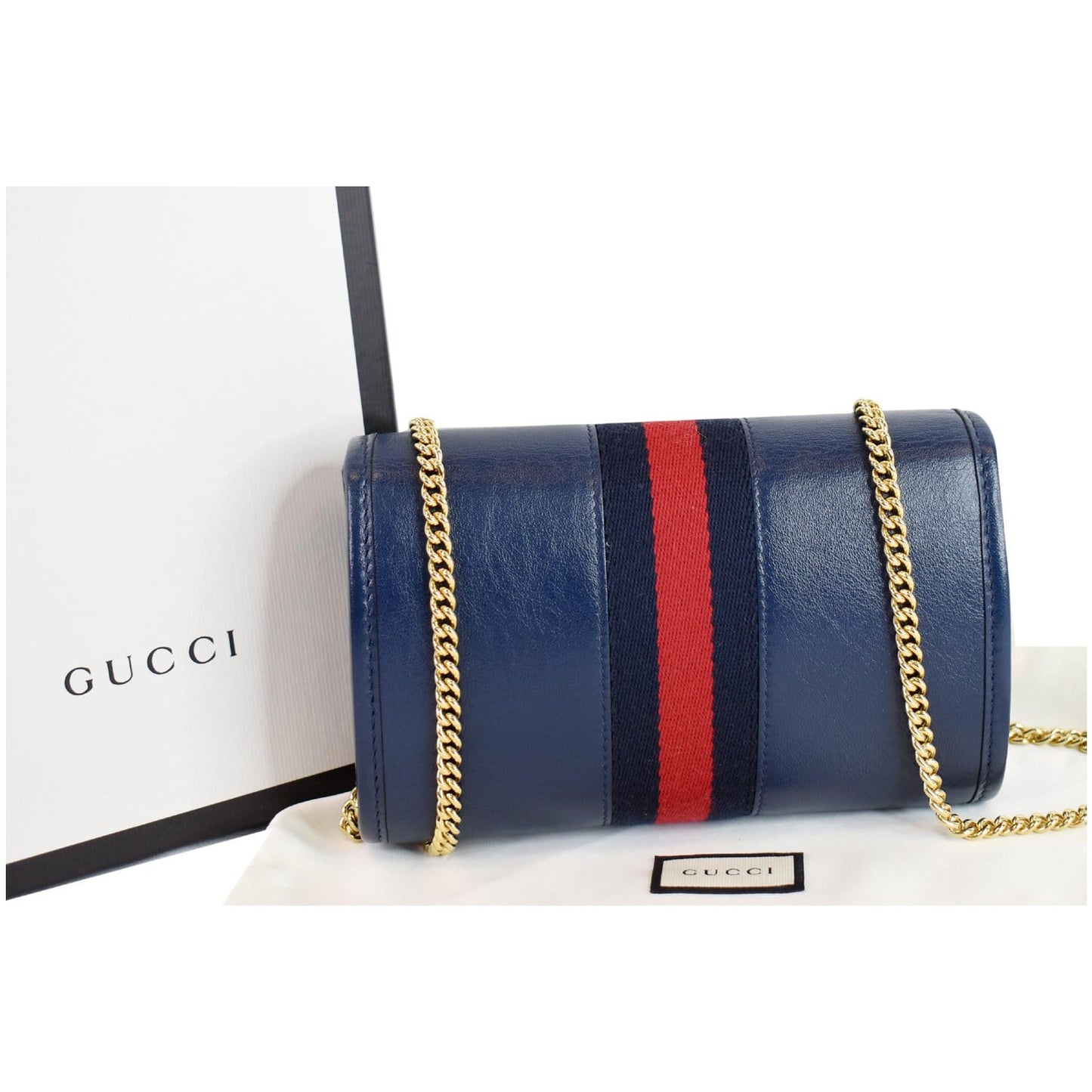 GUCCI Rajah Mini Leather Chain Shoulder Bag Blue 573797