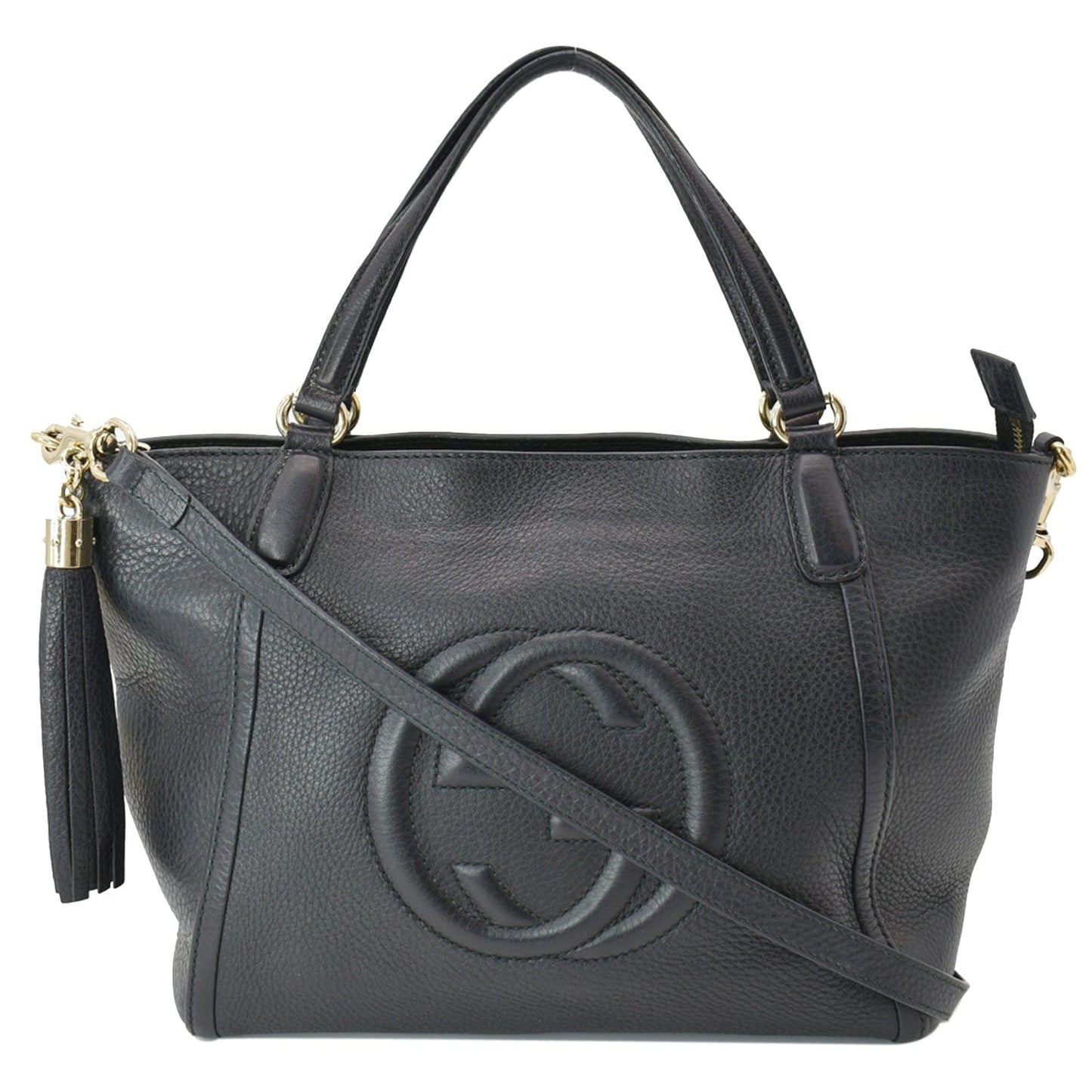 GUCCI Soho Tassel Pebbled Leather Top Handle Crossbody Bag Black 369176