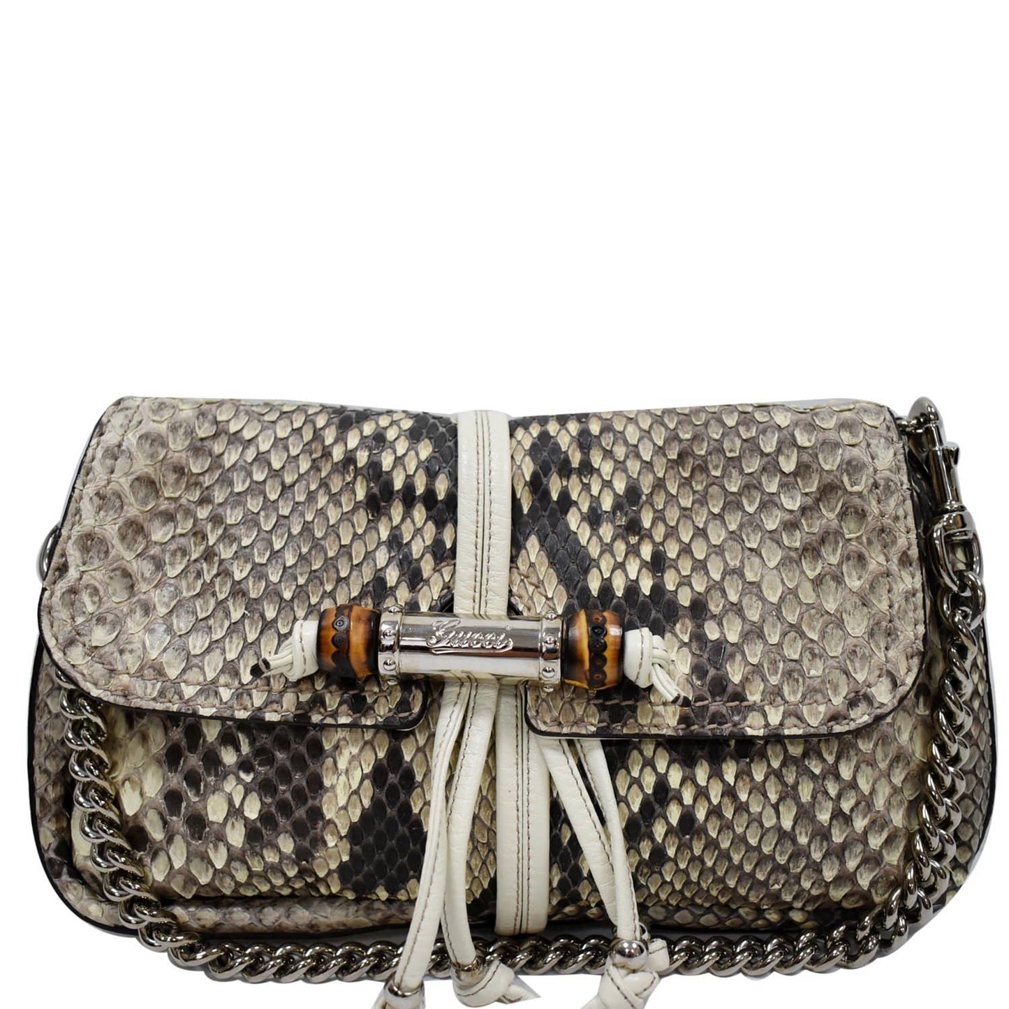 GUCCI Croisette Bamboo Evening Python Leather Shoulder Bag Off White 235320