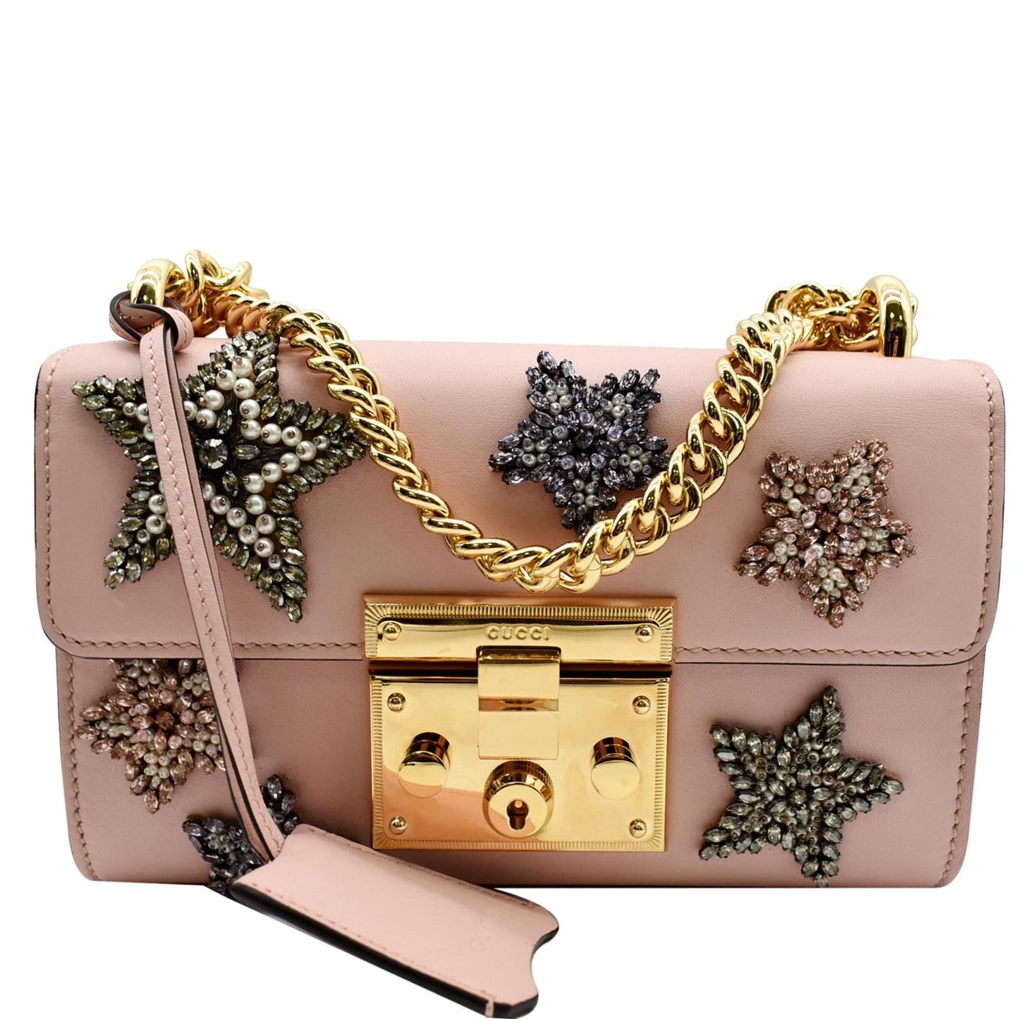 GUCCI Crystal Star Embroidered Padlock Small Shoulder Bag Pink 432182