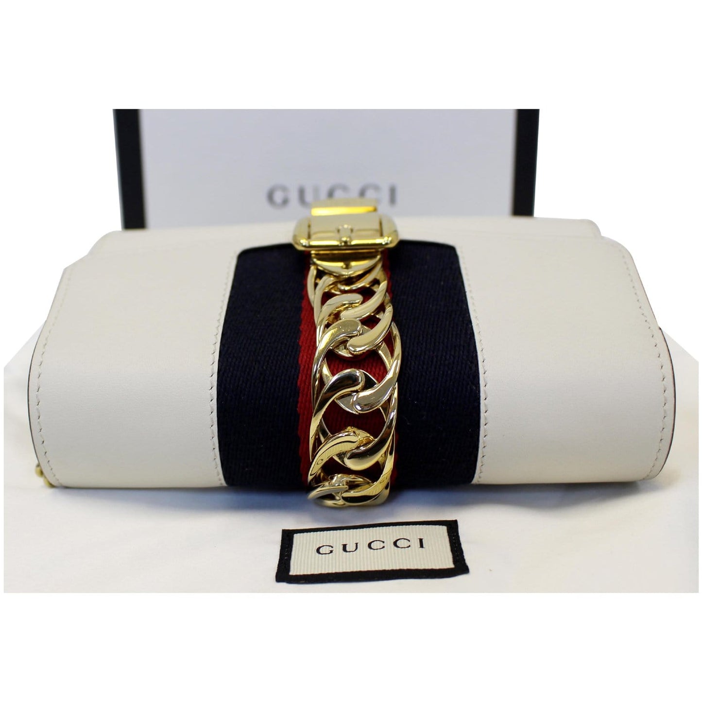 GUCCI Super Mini Sylvie Calfskin Leather Chain Crossbody Bag White