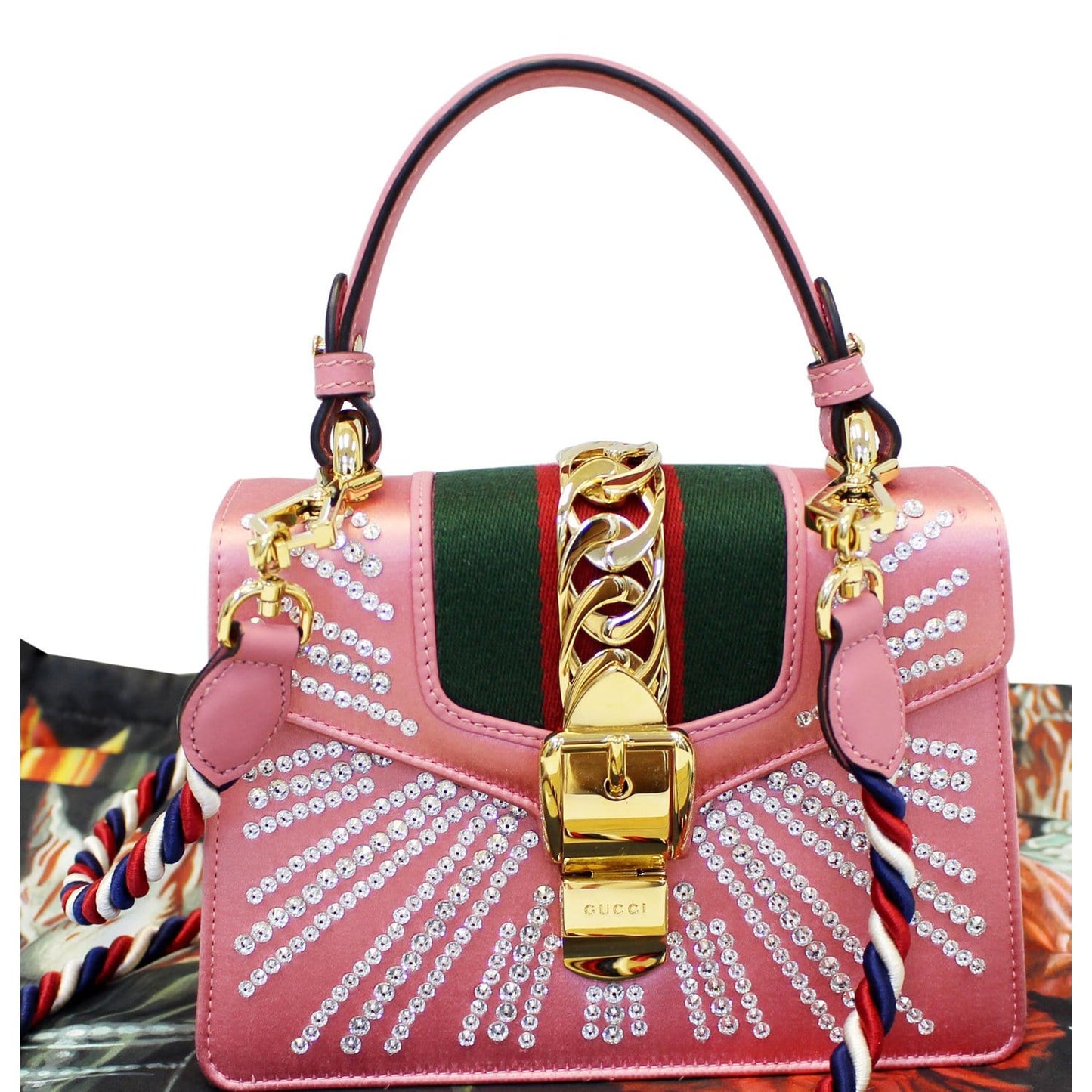 GUCCI Mini Sylvie Satin Crystal Shoulder Bag Peony