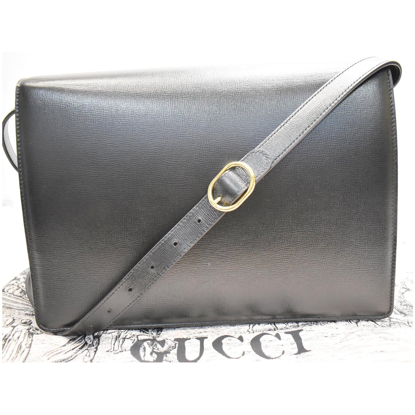 GUCCI Logo Plaque Leather Shoulder Bag Black 589471