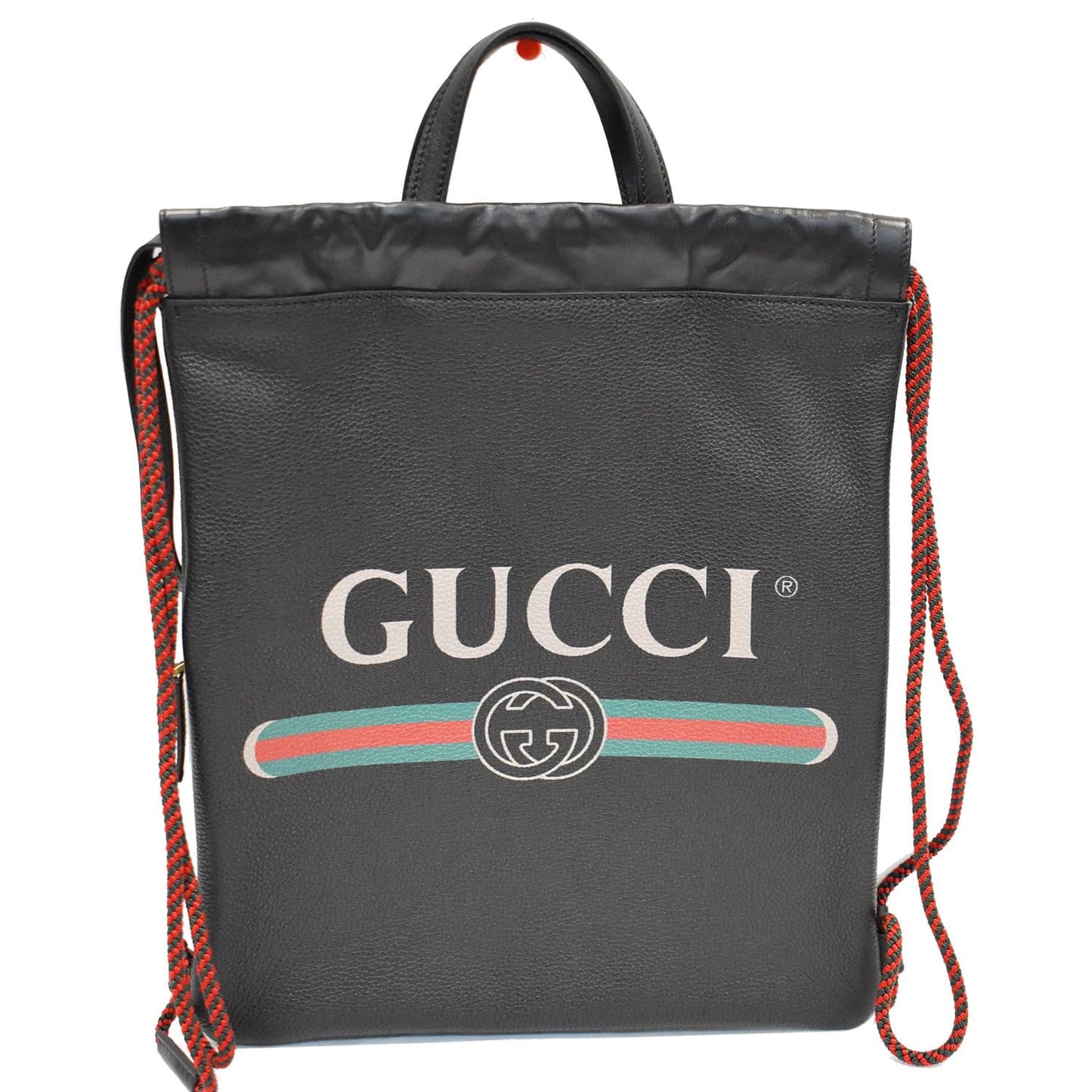 GUCCI Logo Print Calfskin Leather Drawstring Backpack Bag Black 523586
