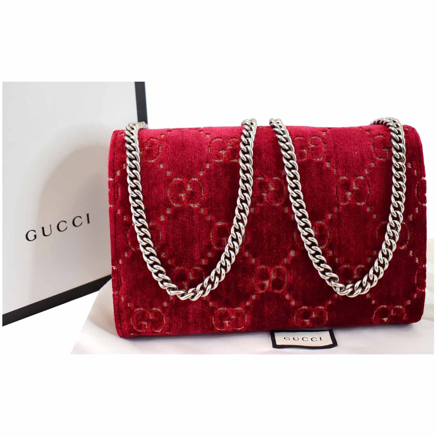 GUCCI Dionysus Mini Velvet GG Monogram Crossbody Chain Wallet Red 401231