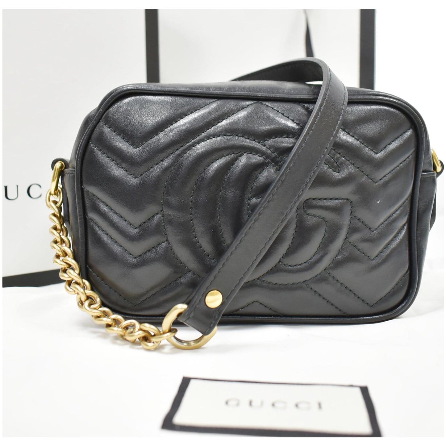 GUCCI GG Marmont Matelasse Mini Leather Crossbody Bag Black 448065