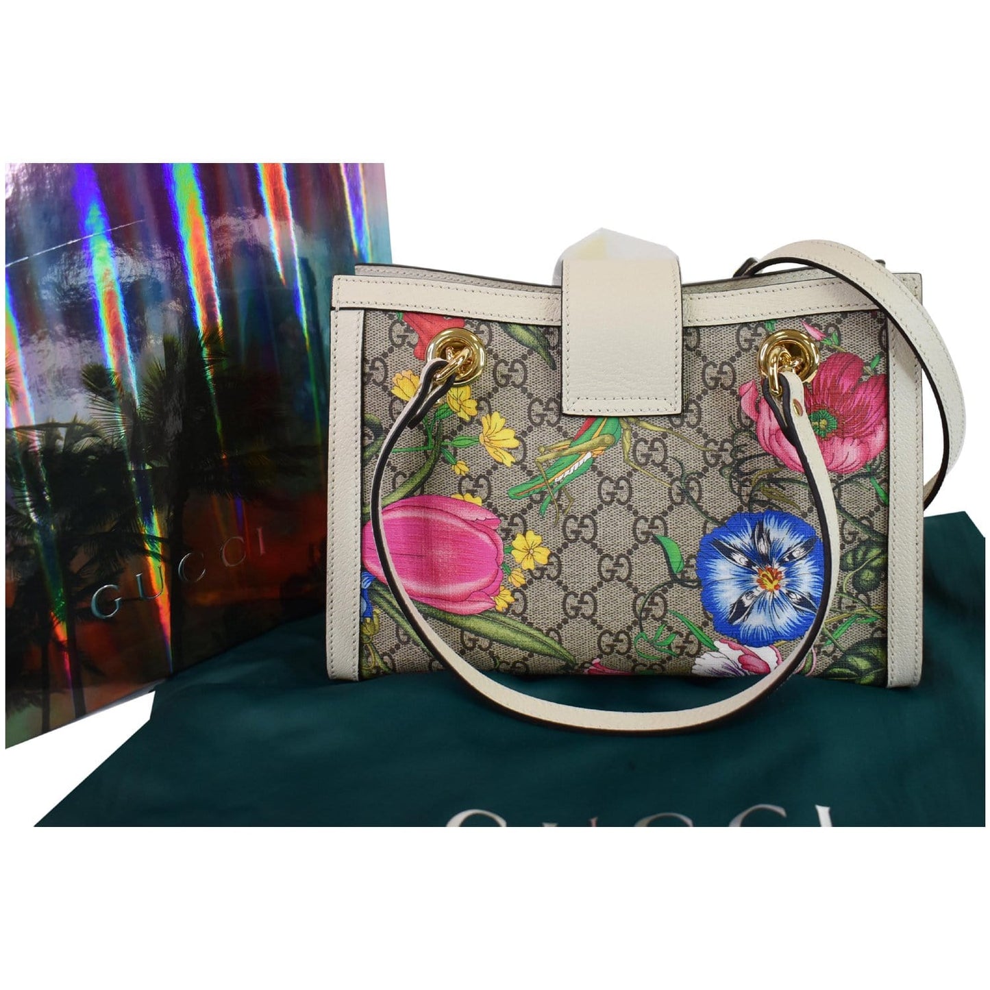 GUCCI Padlock Flora Small GG Supreme Canvas Shoulder Bag Beige 498156