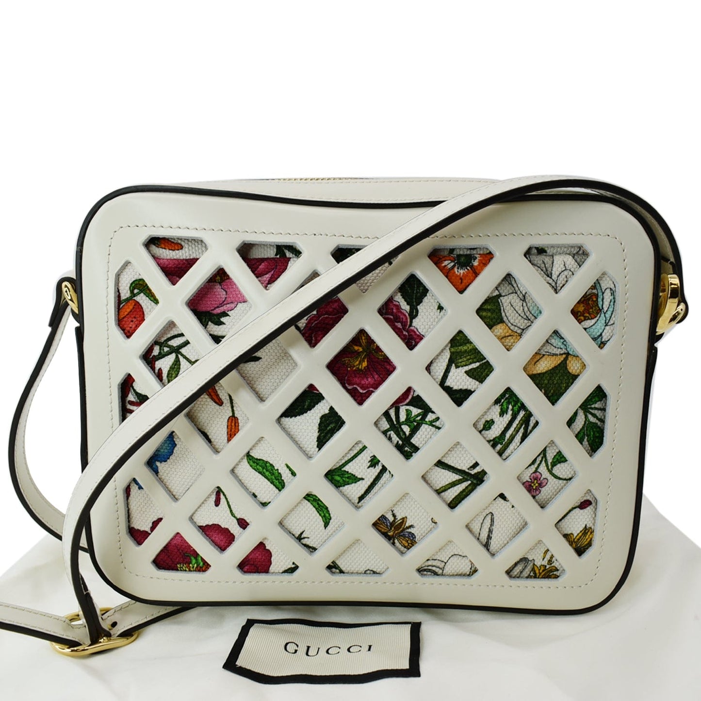 GUCCI Cutout Floral Canval Leather Shoulder Bag 550132 White