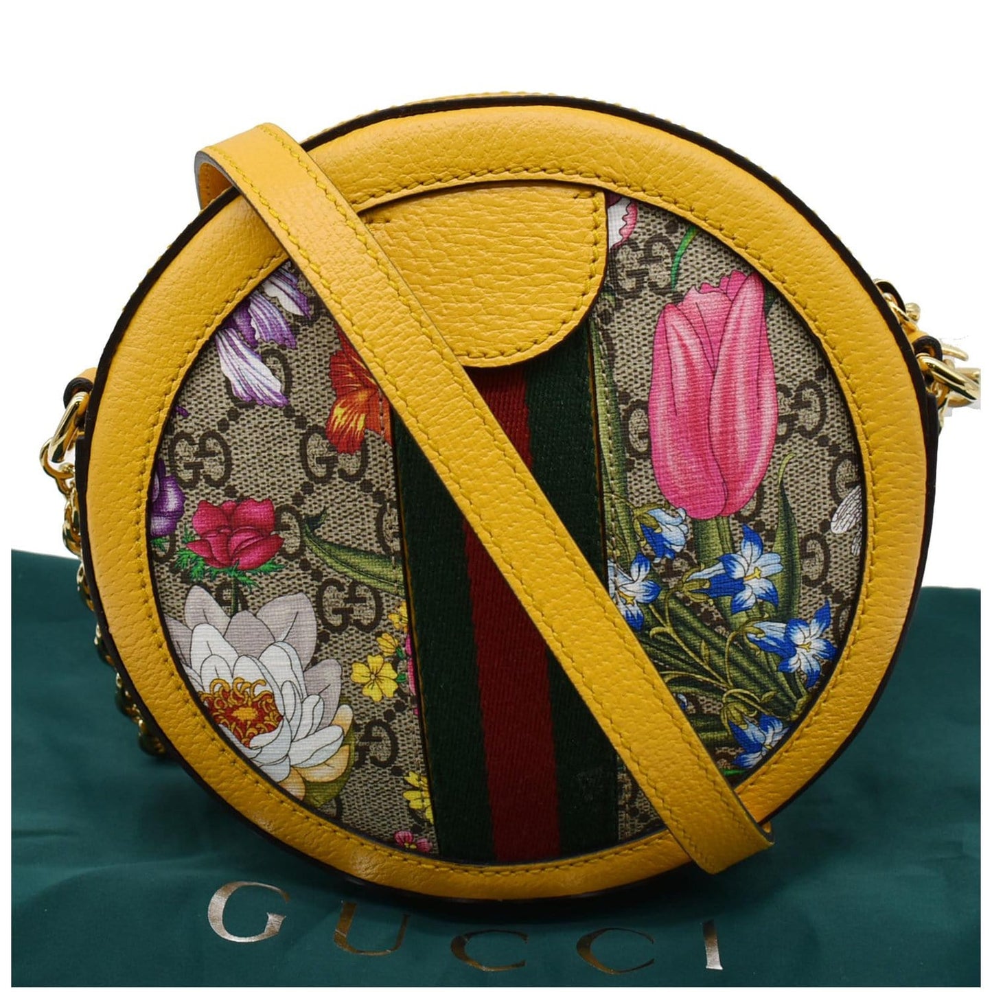 GUCCI Ophidia Mini Flora GG Round Supreme Monogram Web Crossbody Bag Yellow 550618