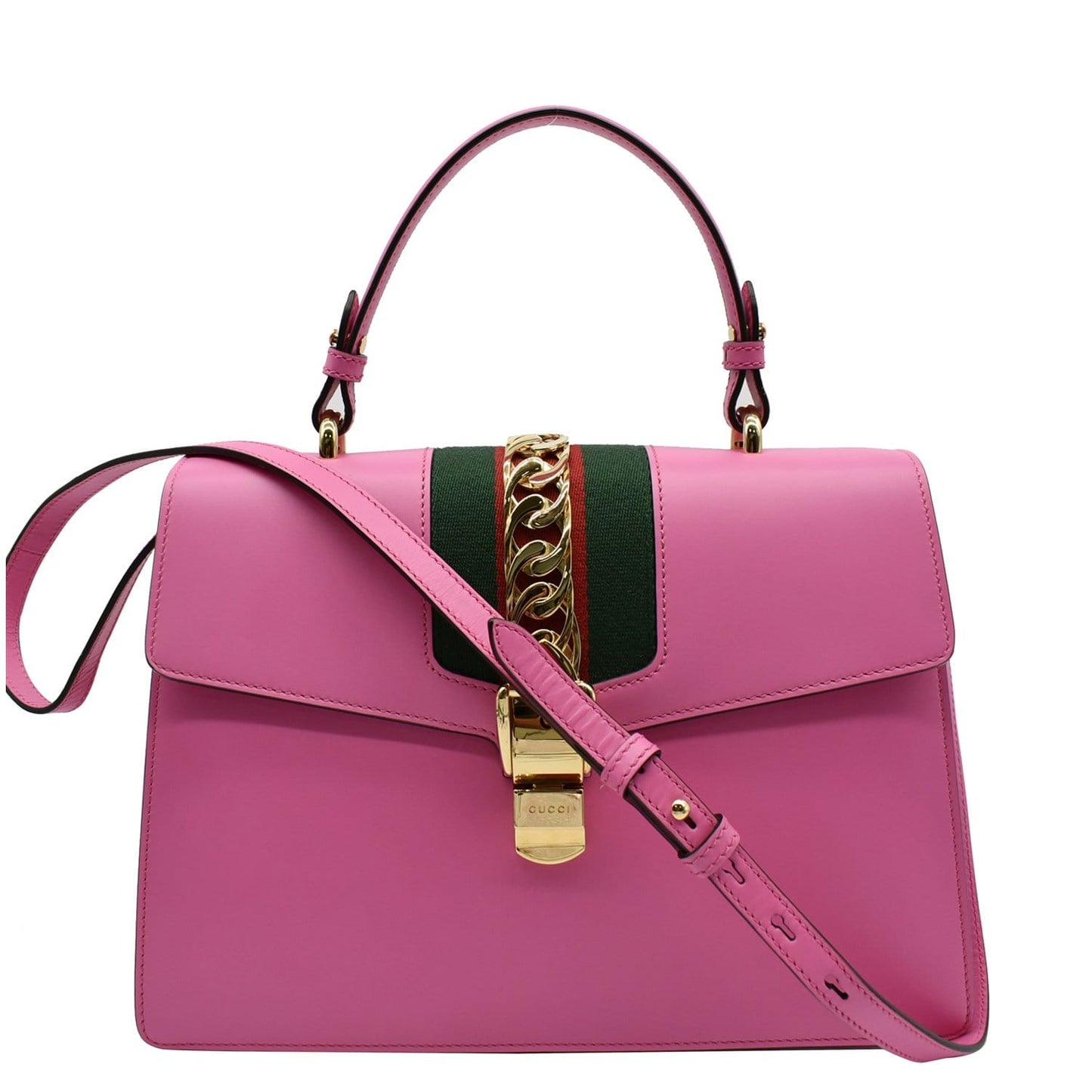 GUCCI Sylvie Medium Web Smooth Leather Top Handle Shoulder Bag Pink 431665