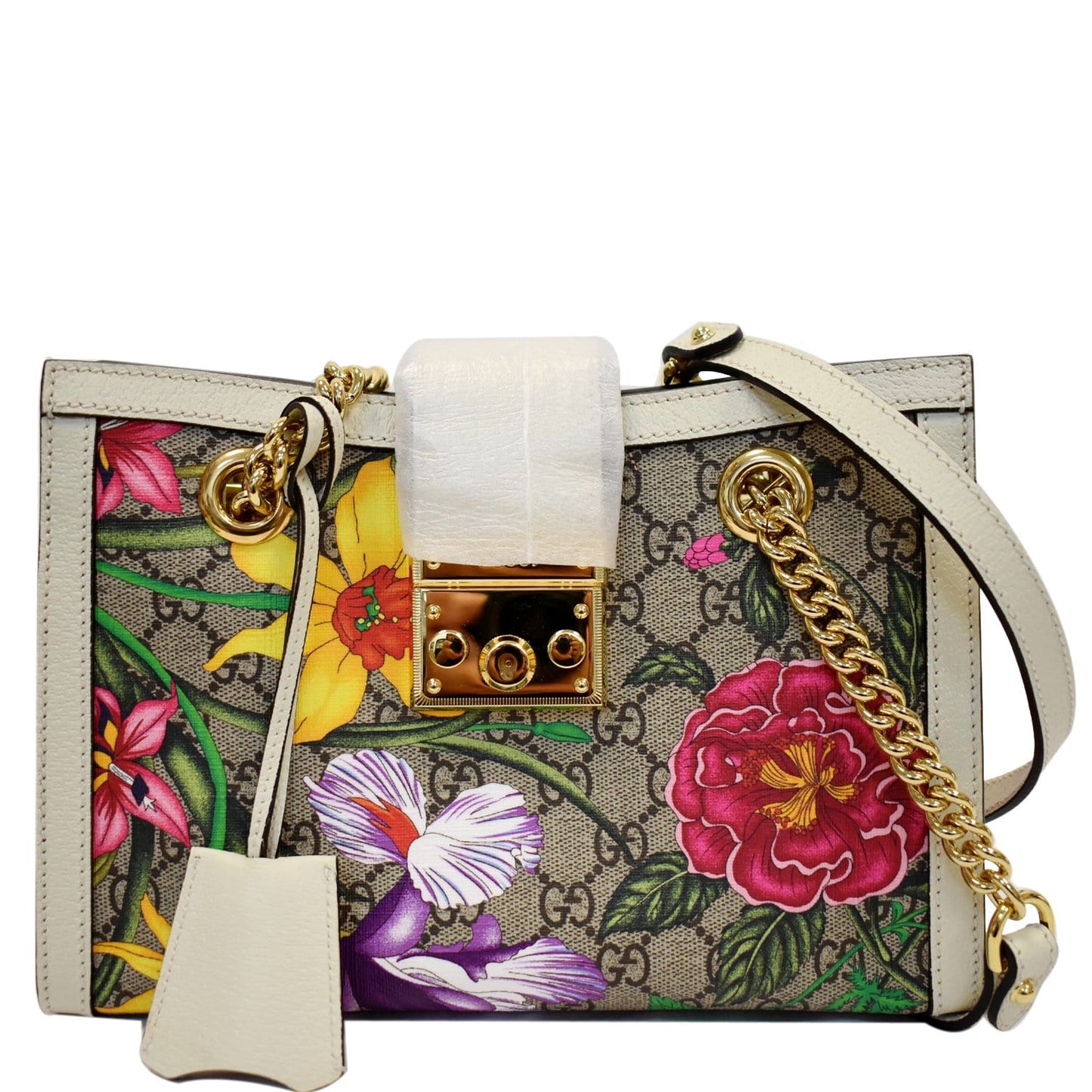 GUCCI Padlock Flora Small GG Supreme Canvas Shoulder Bag Beige 498156