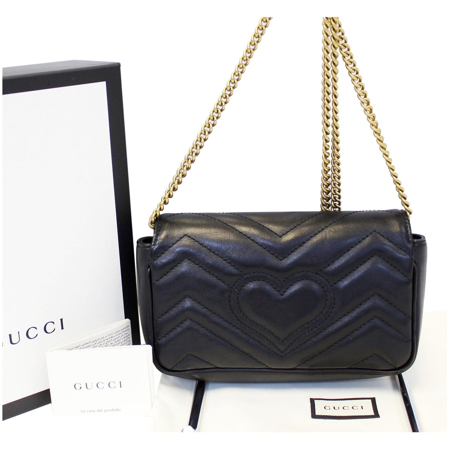 GUCCI GG Marmont Matelasse Black Leather Super Mini Crossbody Bag