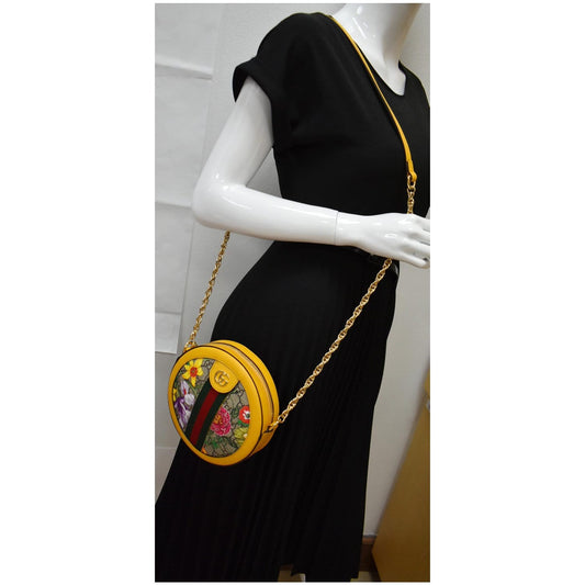 GUCCI Ophidia Mini Flora GG Round Supreme Monogram Web Crossbody Bag Yellow 550618