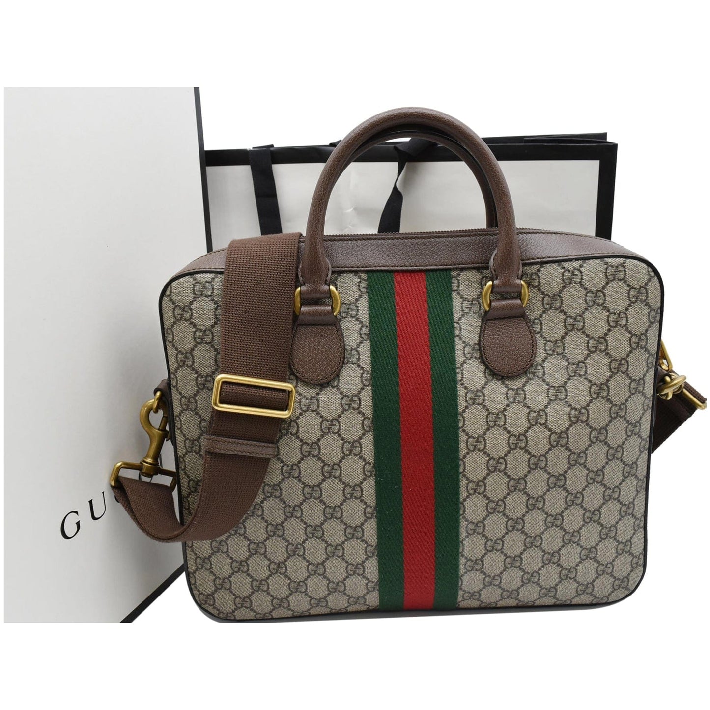 GUCCI Ophidia Soft GG Supreme Canvas Leather Briefcase Shoulder Bag Beige 574793