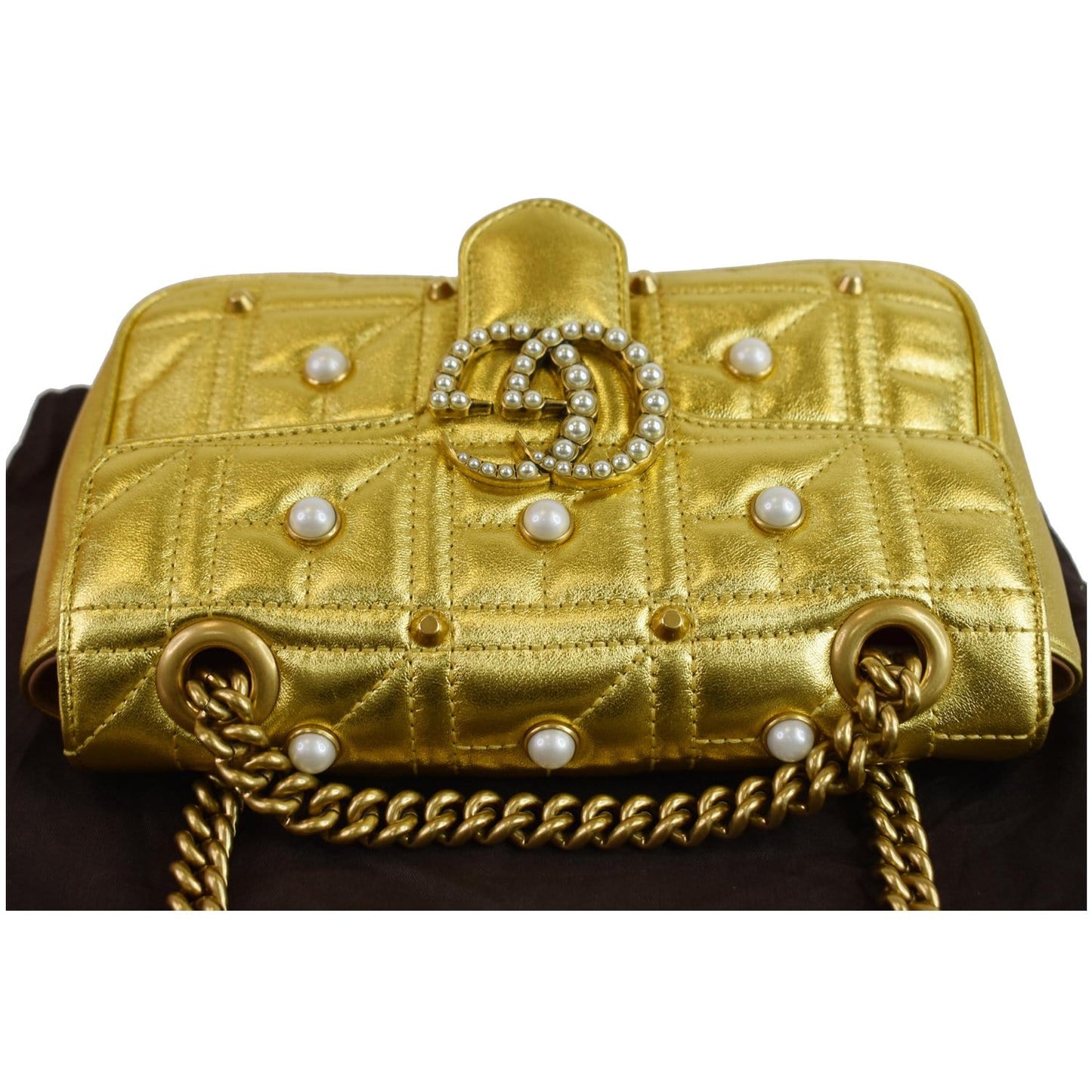 GUCCI GG Marmont Mini Pearl Studded Leather Shoulder Bag Gold 446744