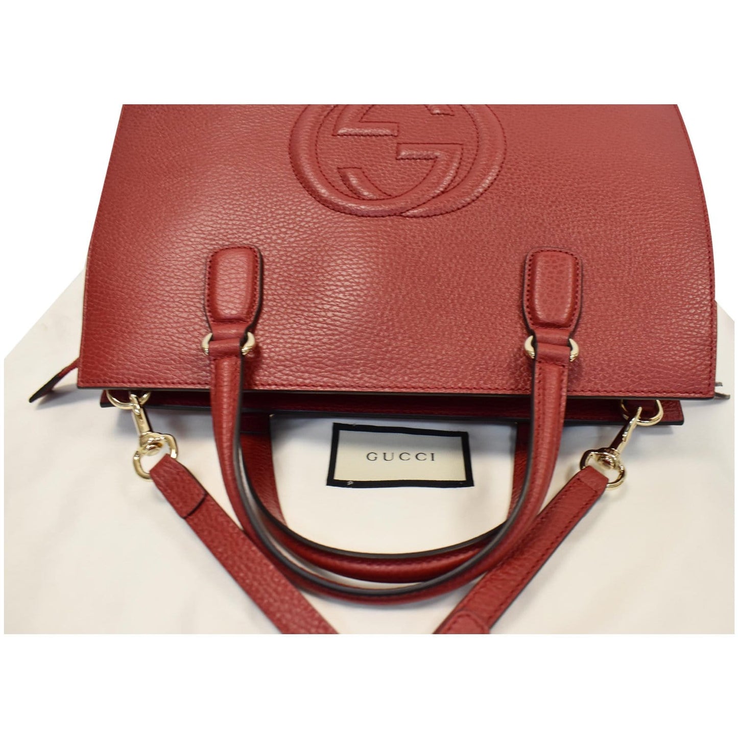 GUCCI Soho Disco Top Handle Pebbled Leather Shoulder Bag Red 607721