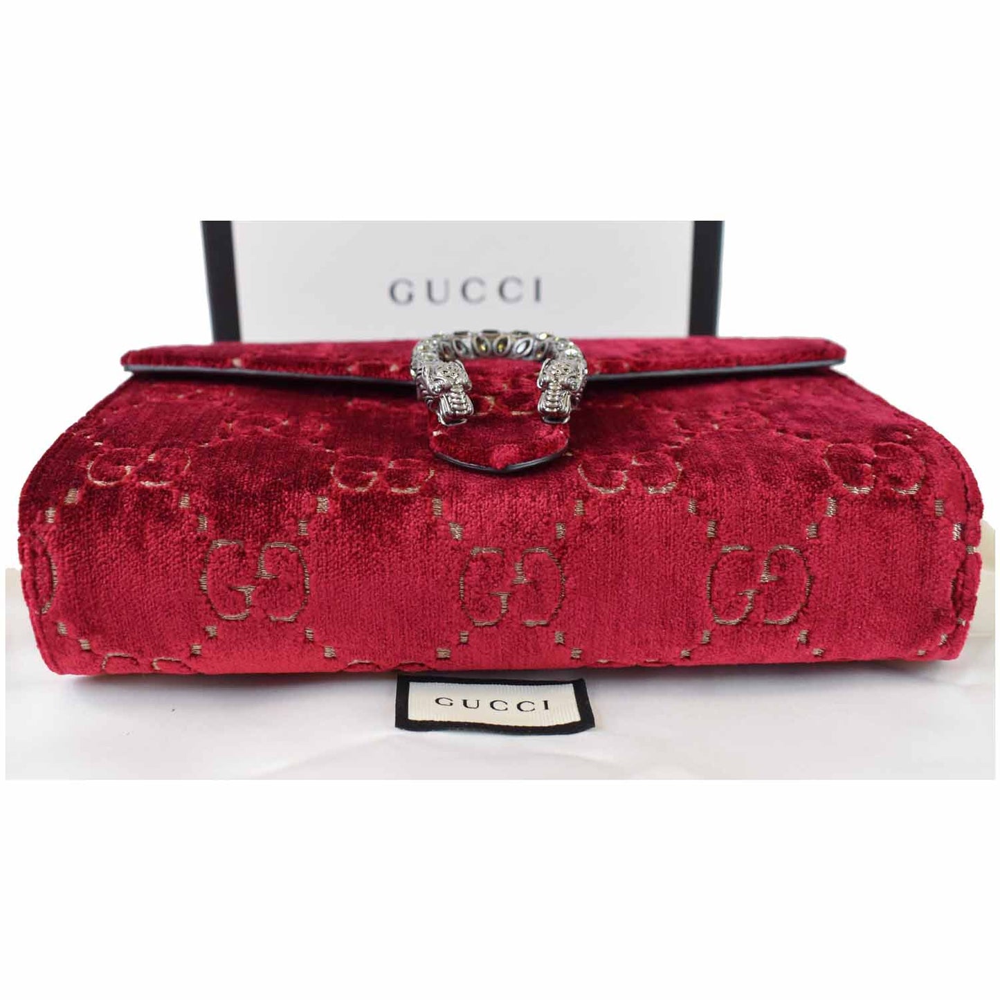 GUCCI Dionysus Mini Velvet GG Monogram Crossbody Chain Wallet Red 401231