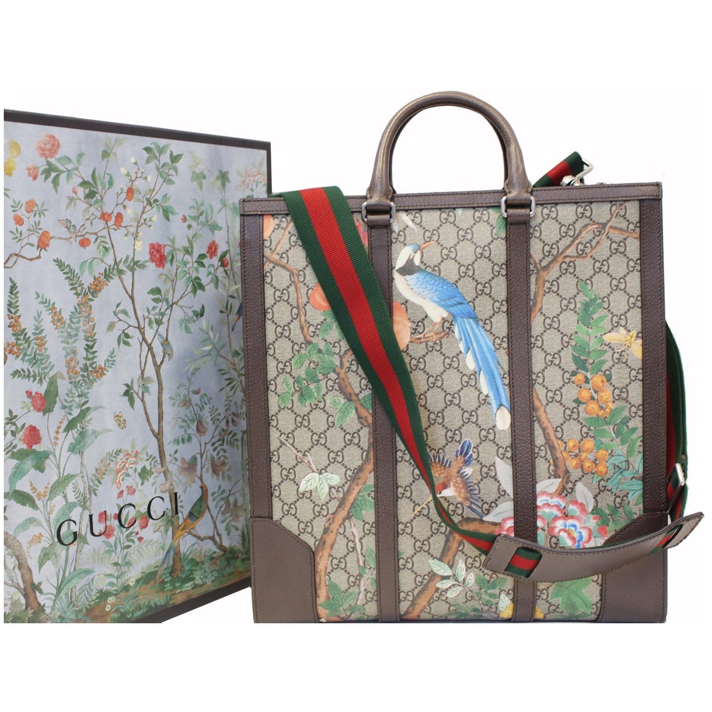 GUCCI GG Supreme Monogram Tian Print Tote Shoulder Bag Maple Brown 406387