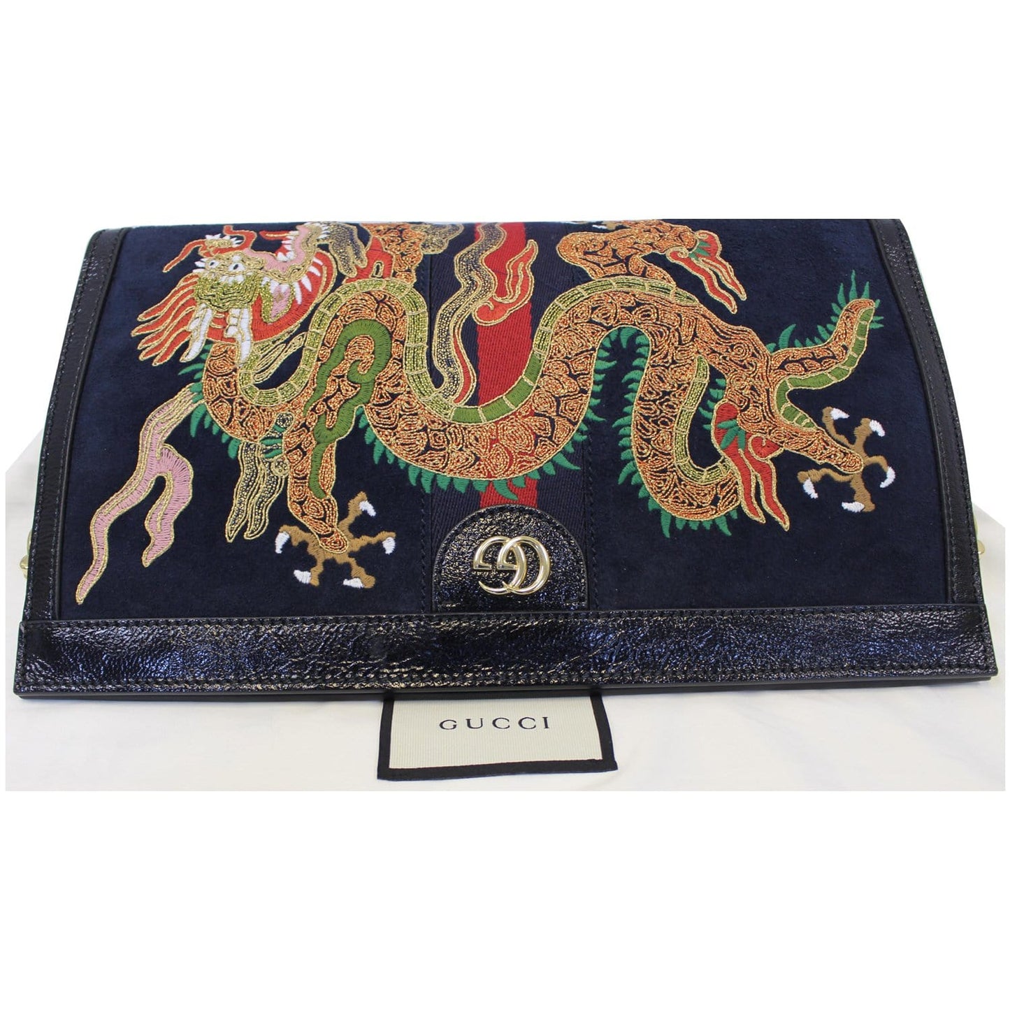 GUCCI Ophidia Dragon Embroidered Suede Leather Shoulder Bag Blue