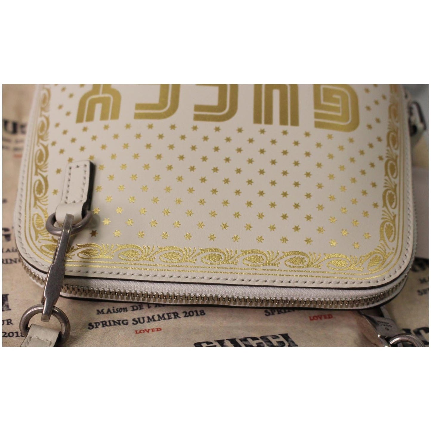 GUCCI Moon Steller Guccy Leather Crossbody Bag Ivory