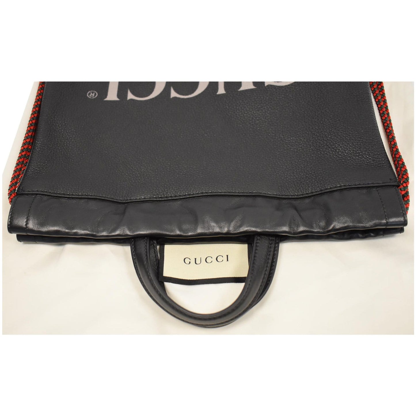 GUCCI Logo Print Calfskin Leather Drawstring Backpack Bag Black 523586
