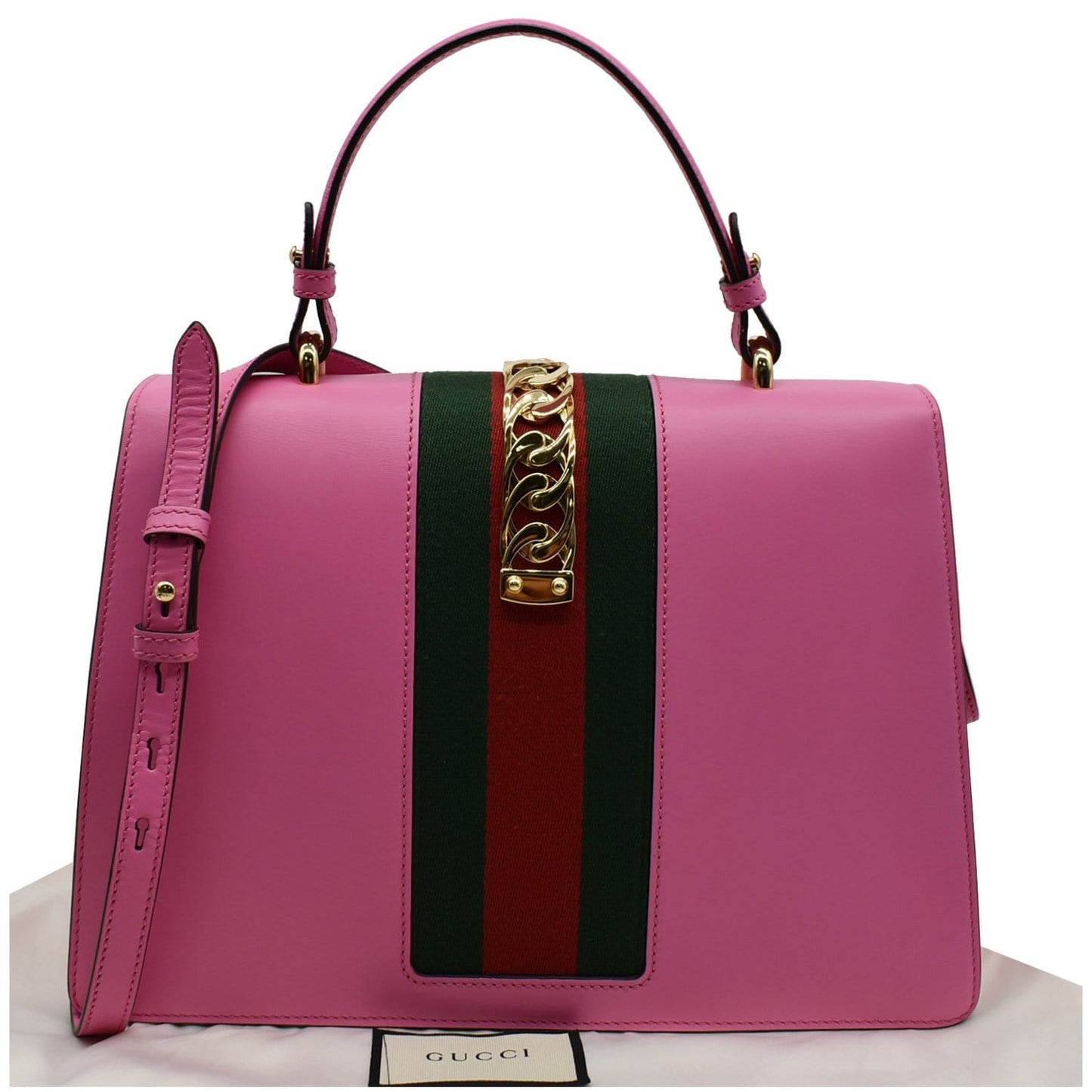 GUCCI Sylvie Medium Web Smooth Leather Top Handle Shoulder Bag Pink 431665