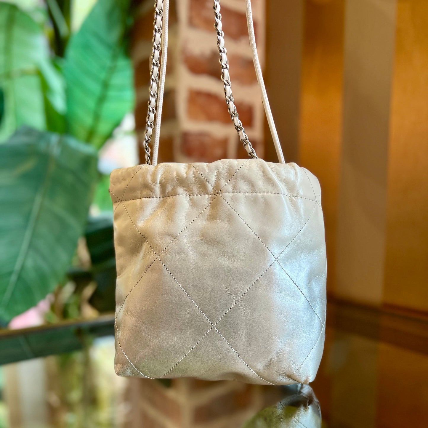 CHANEL 22 Mini White Silver Ombre Quilted Shiny Calfskin Tote Bag