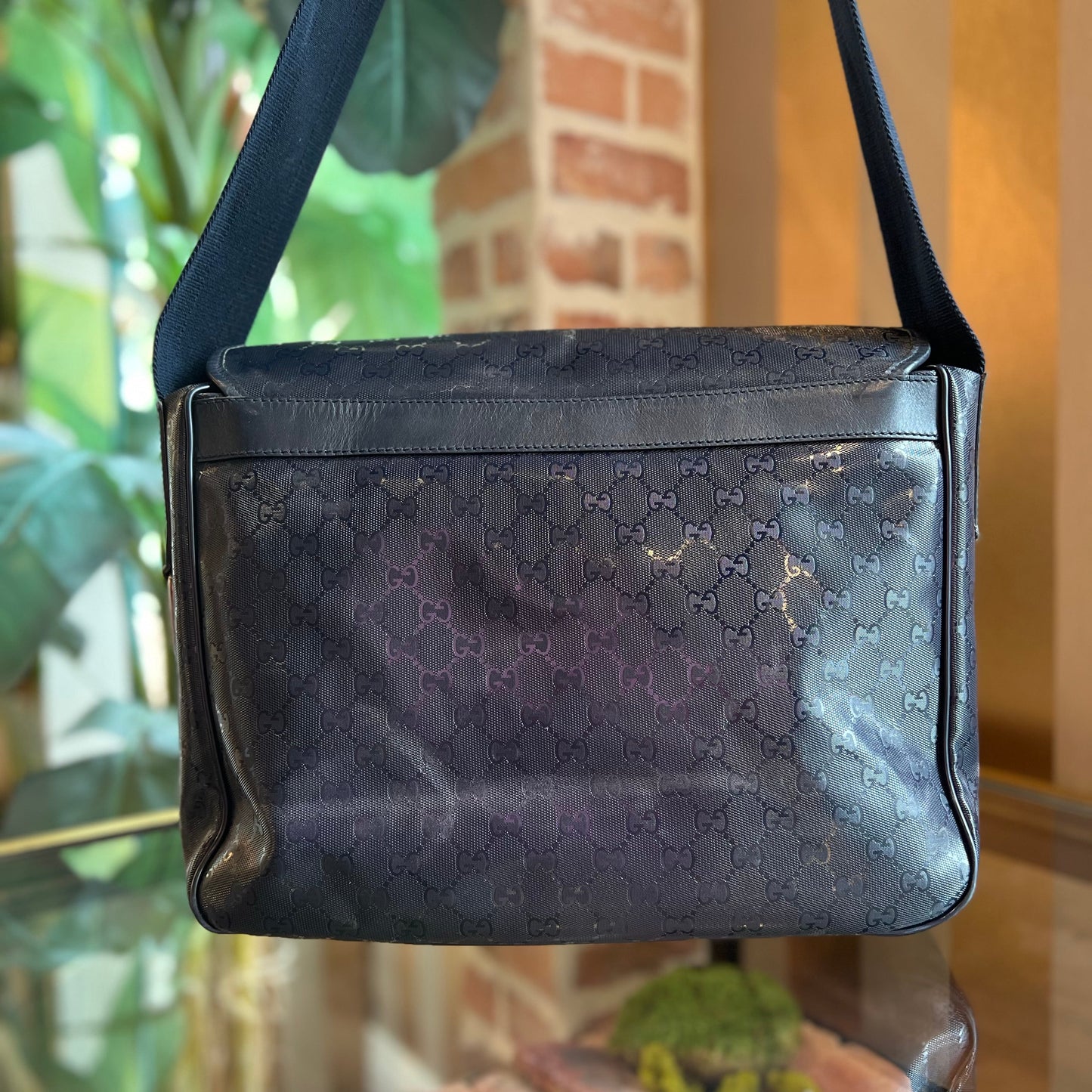 GUCCI Diaper Bag Medium Navy Blue Imprime Monogram Double Buckle Flap Crossbody Bag