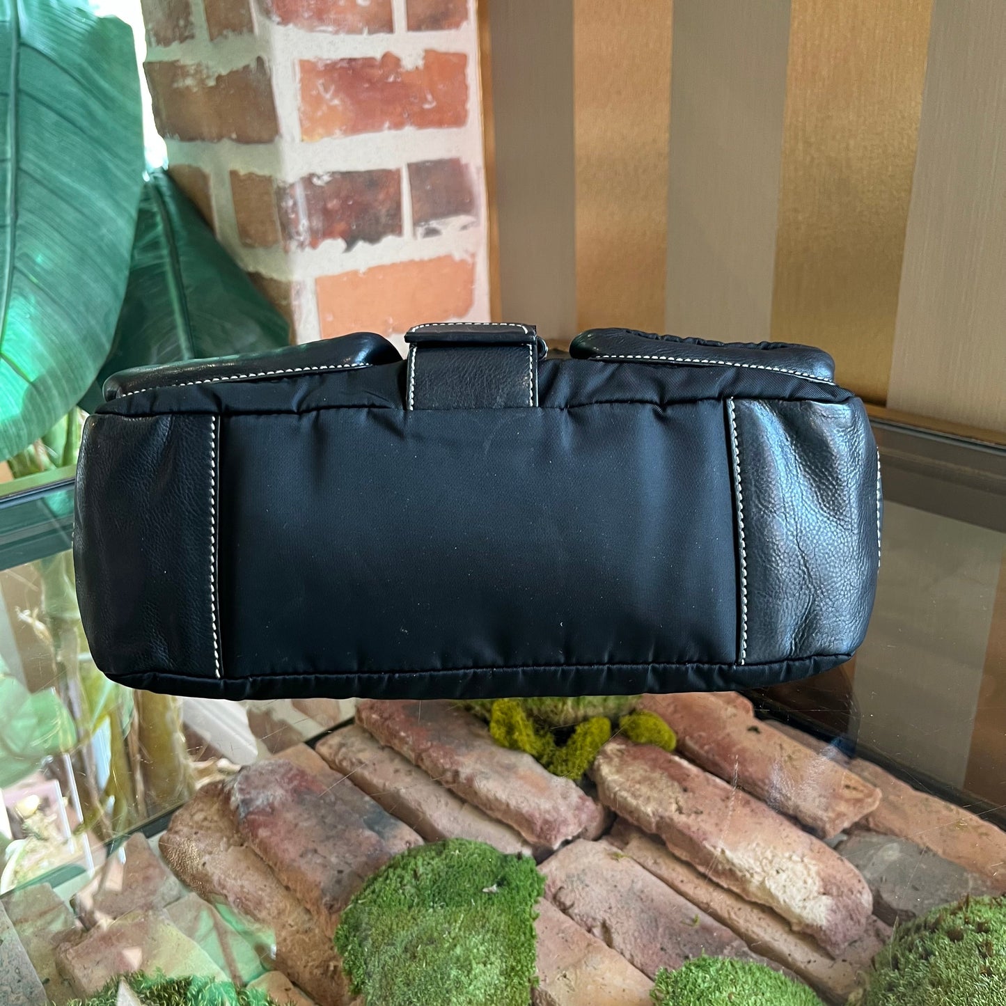 PRADA Black Nylon Soft Calfskin Vintage Buckle Shoulder Bag