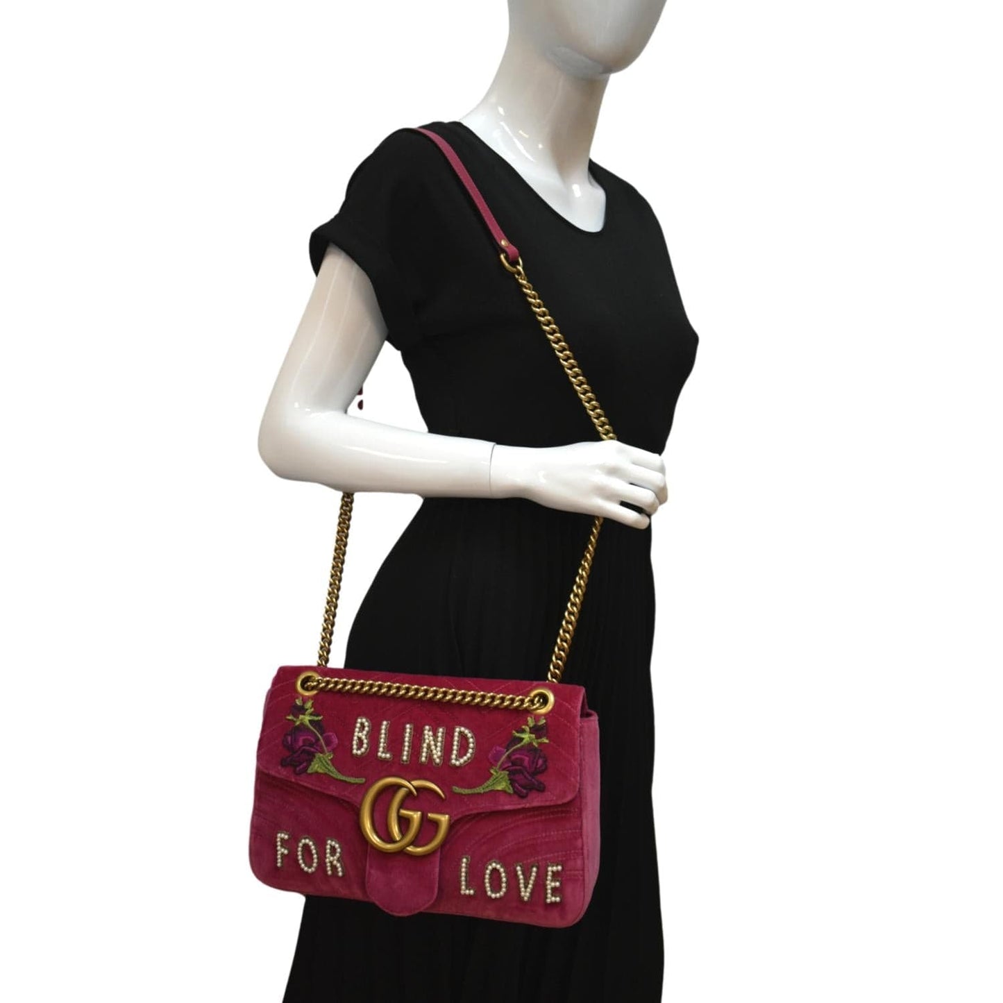 GUCCI Blind For Love Marmont Embroidered Velvet Shoulder Bag Red 443496