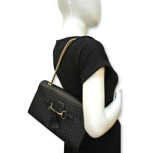 GUCCI Emily Medium GG Guccissima Leather Chain Shoulder Bag 449635 Black