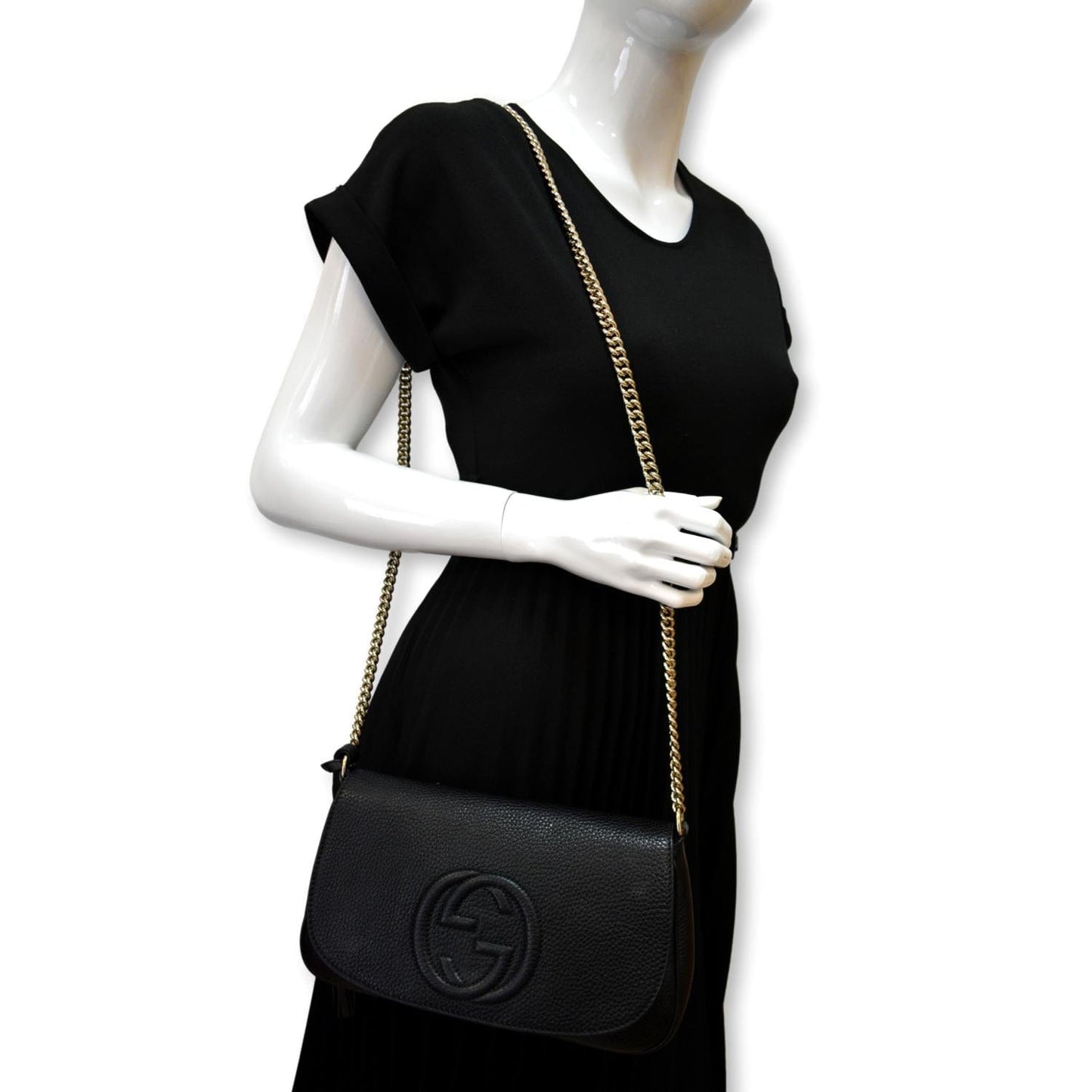 GUCCI GG Soho Tassel Chain Leather Crossbody Bag Beige Black