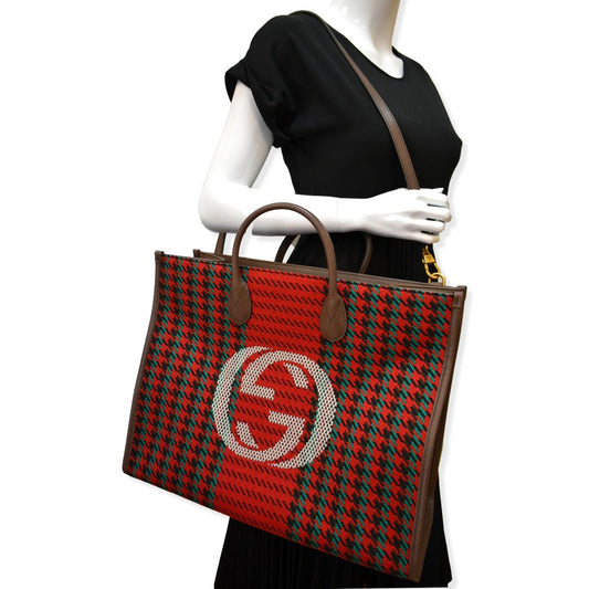 GUCCI New Interlocking GG Houndstooth Stripe Shoulder Bag Red 644994