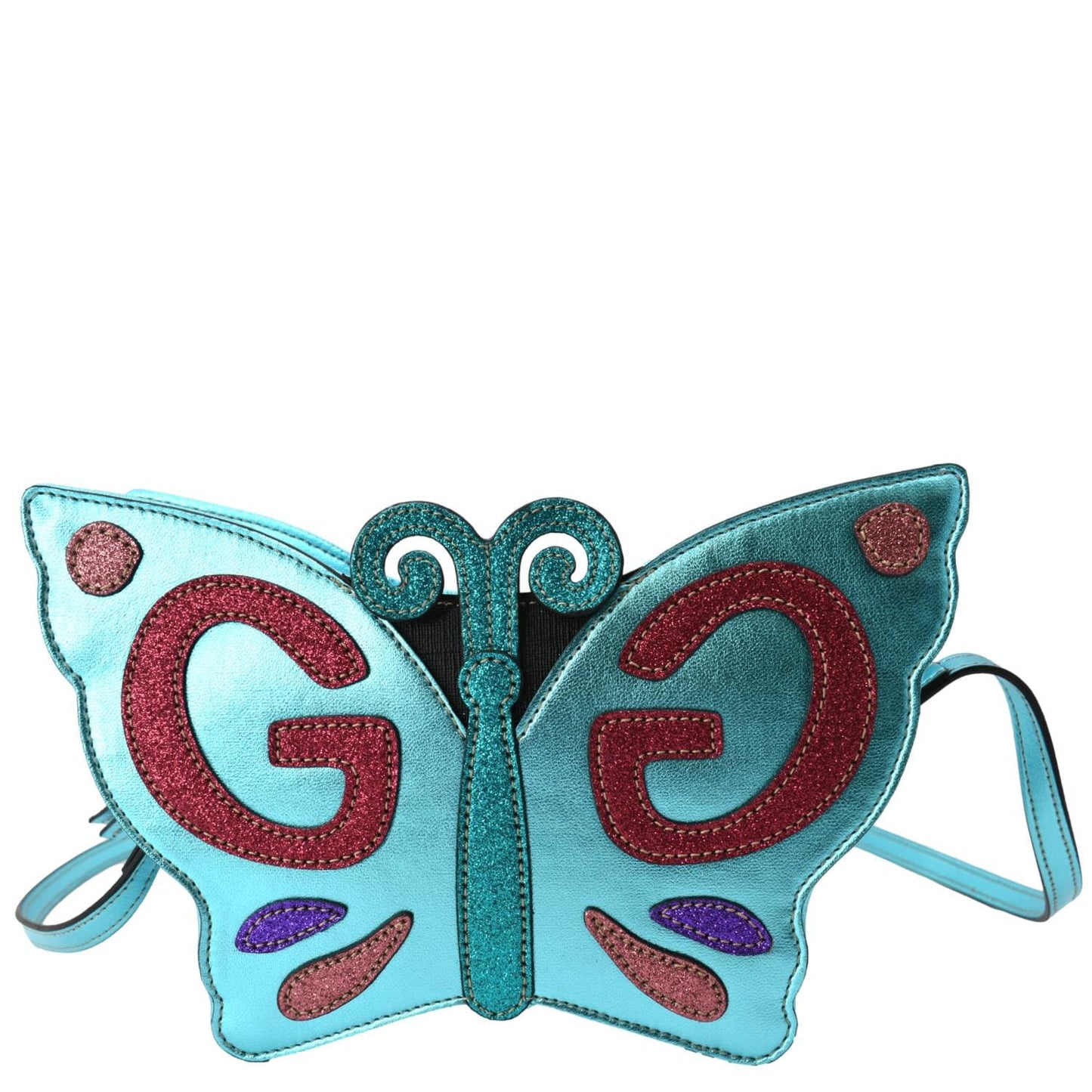 Gucci Kid's Glitter Butterfly Leather Shoulder Bag Metallic Blue 648809