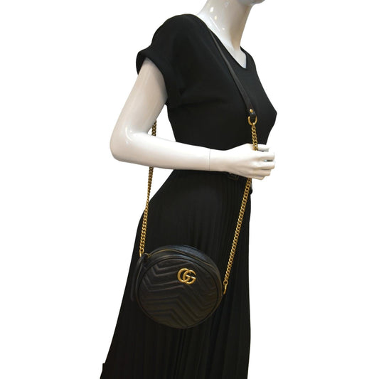 GUCCI GG Marmont Mini Round Leather Crossbody Bag Black 550154