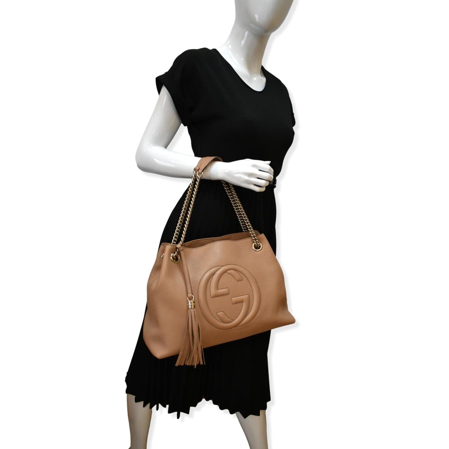 GUCCI Soho Pebbled Leather Chain Shoulder Bag 308982 Beige