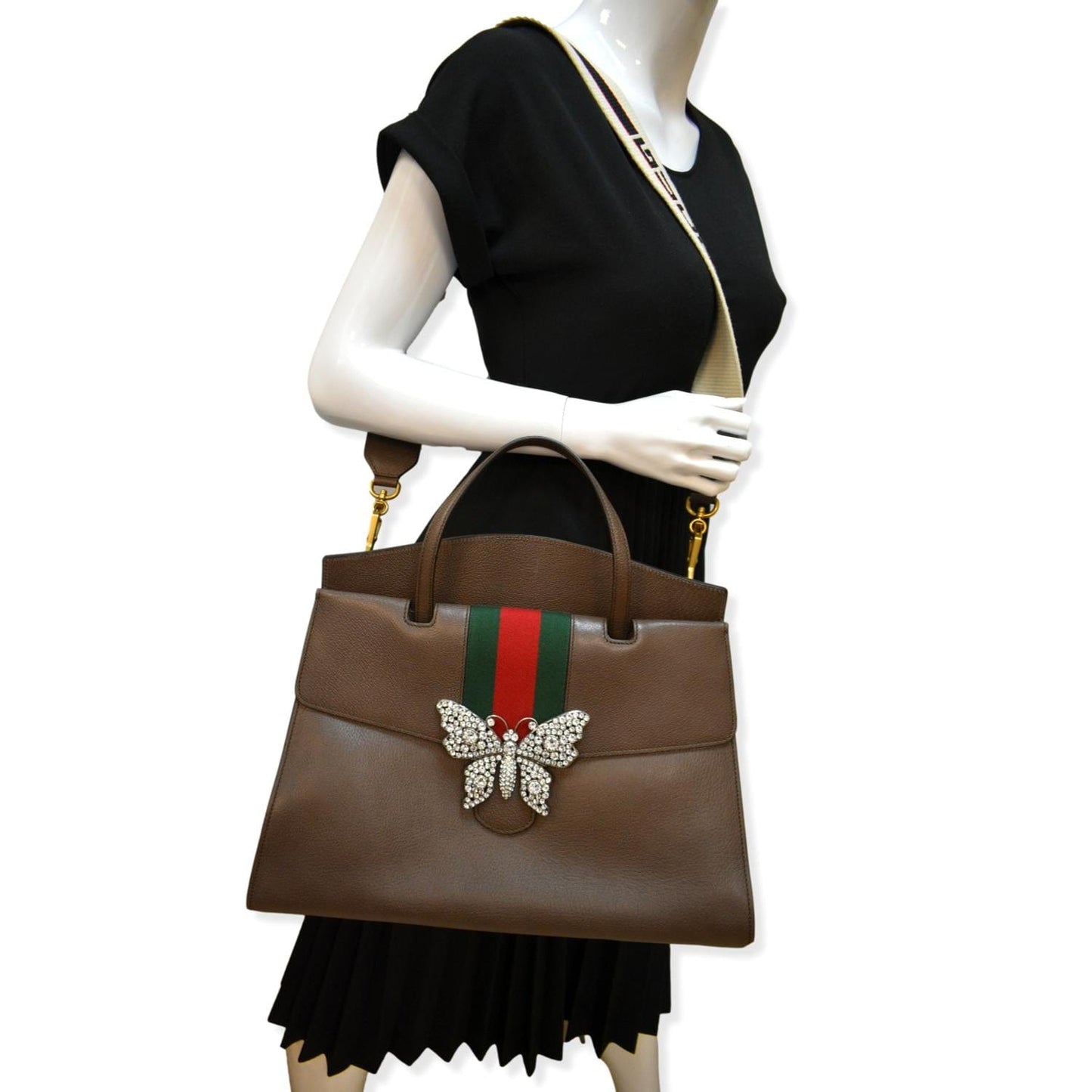 GUCCI Butterfly Linea Totem Leather Large Top Handle Shoulder Bag Brown 500772