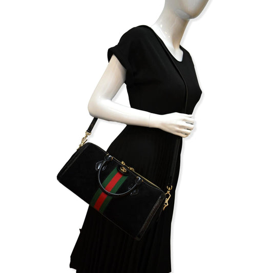 GUCCI Ophidia GG Suede Web Top Handle Shoulder Bag Black 524532