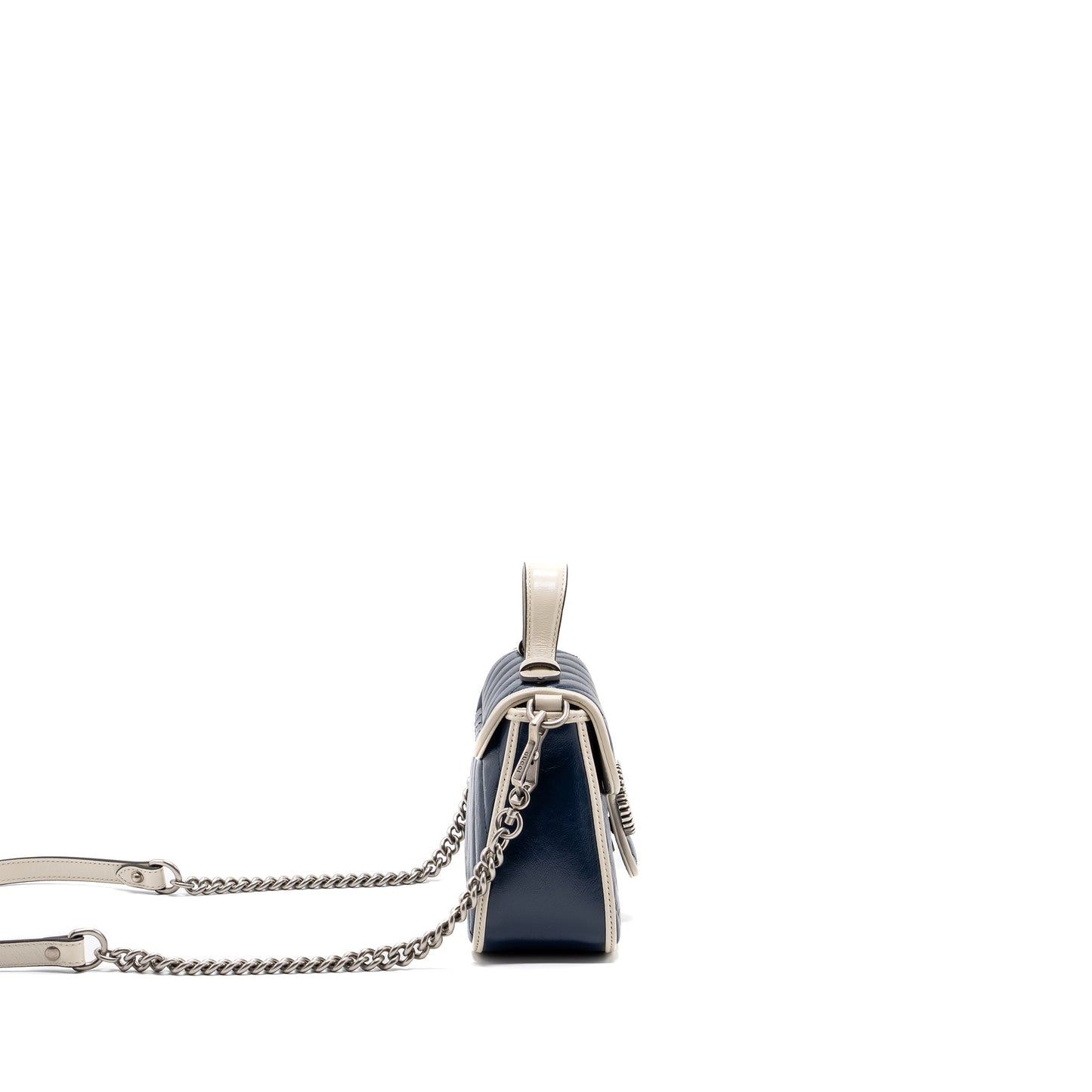 Gucci GG Marmont Top Handle Bag Calfskin Navy/ White