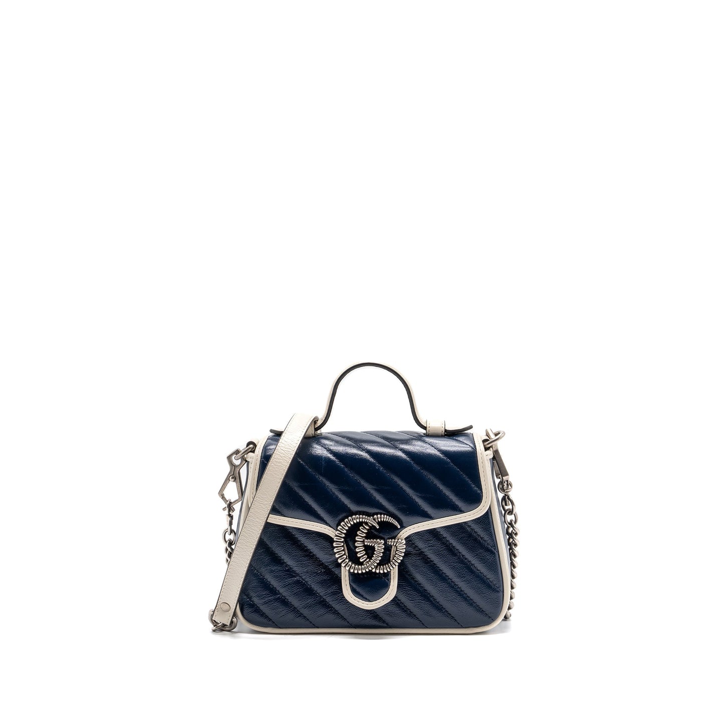 Gucci GG Marmont Top Handle Bag Calfskin Navy/ White